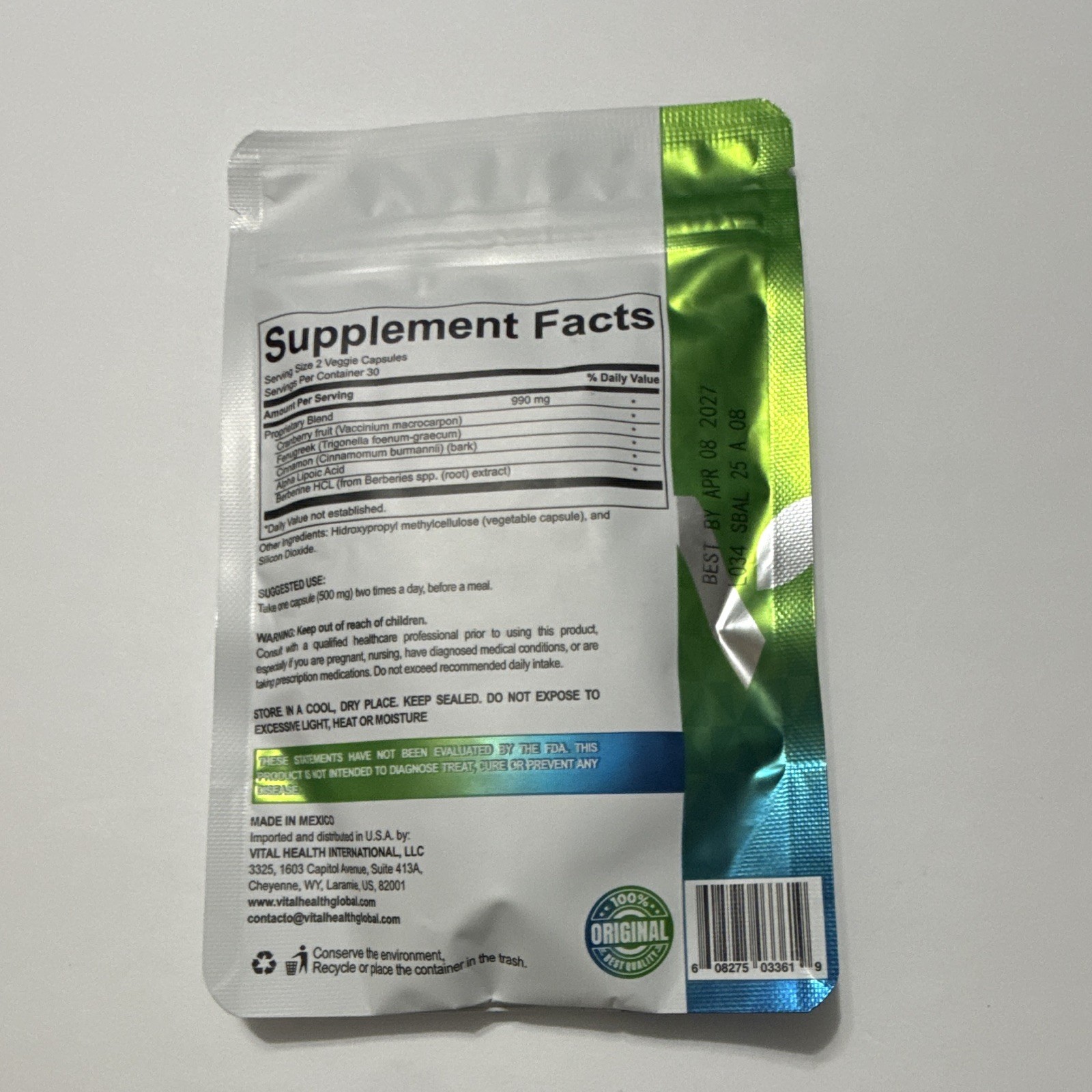 VitalHealth S-Balance Cranberry Fenugreek ALA Berberine 60 Capsules Non-GMO