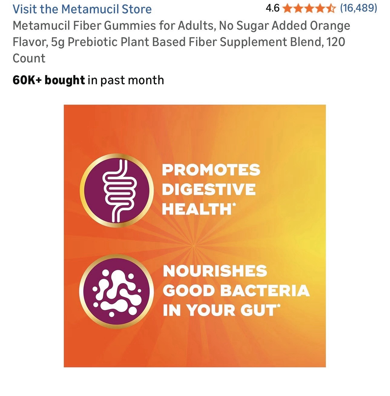 Metamucil Fiber Gummies No Sugar Added Plant-Based Orange Digestive 120 Ct