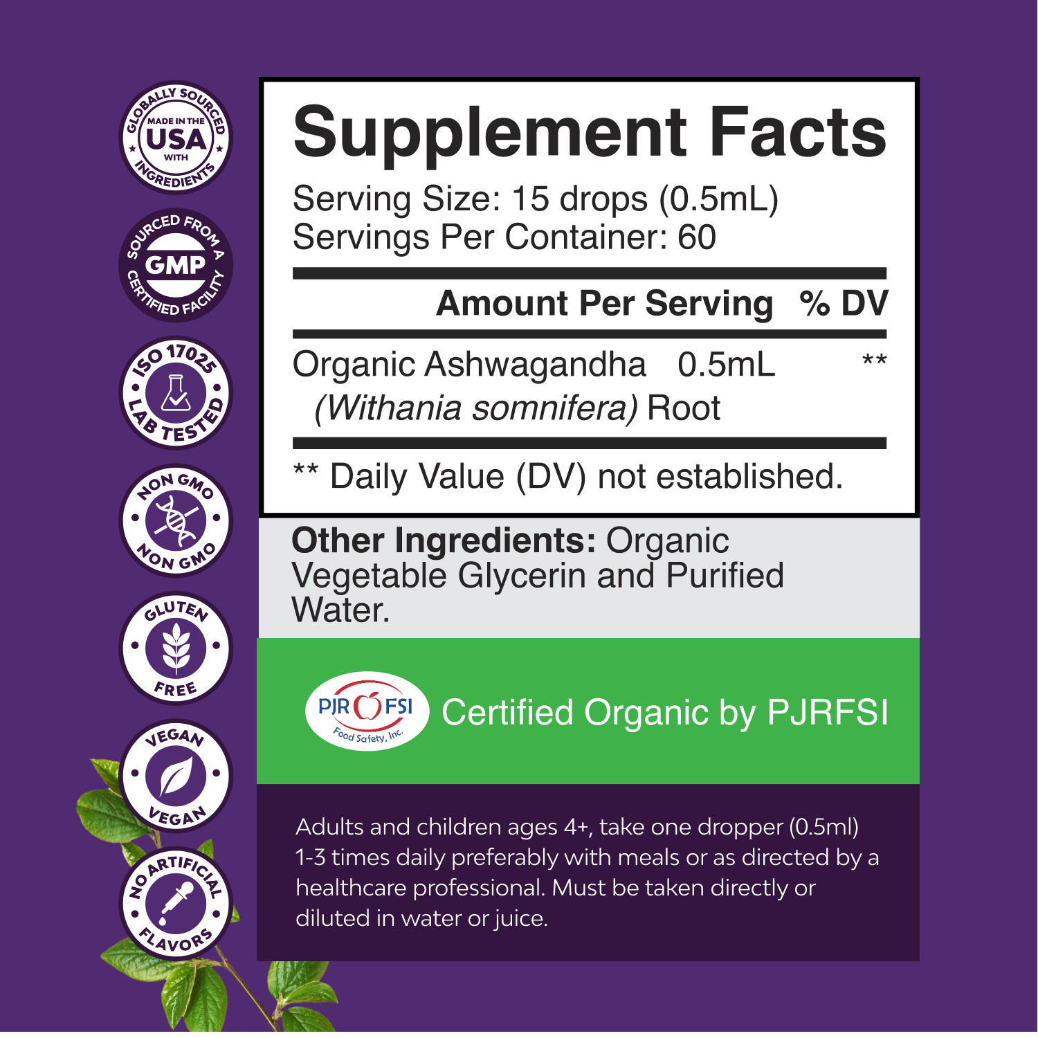 USDA Organic Ashwagandha Liquid Drops – Vegan Liquid Ashwagandha Root Extract