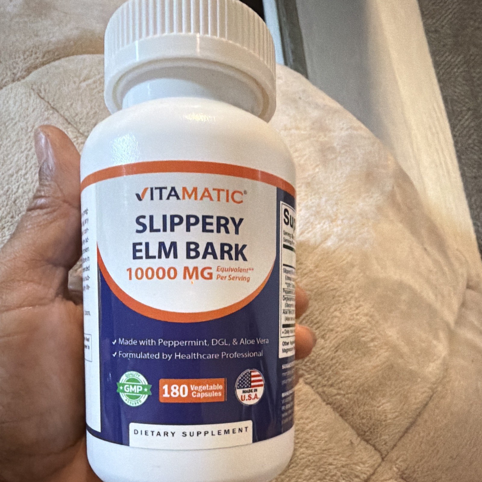 Vitamatic Slippery Elm Bark 10000mg 180 Veg Caps Non-GMO Peppermint Exp 09/2027