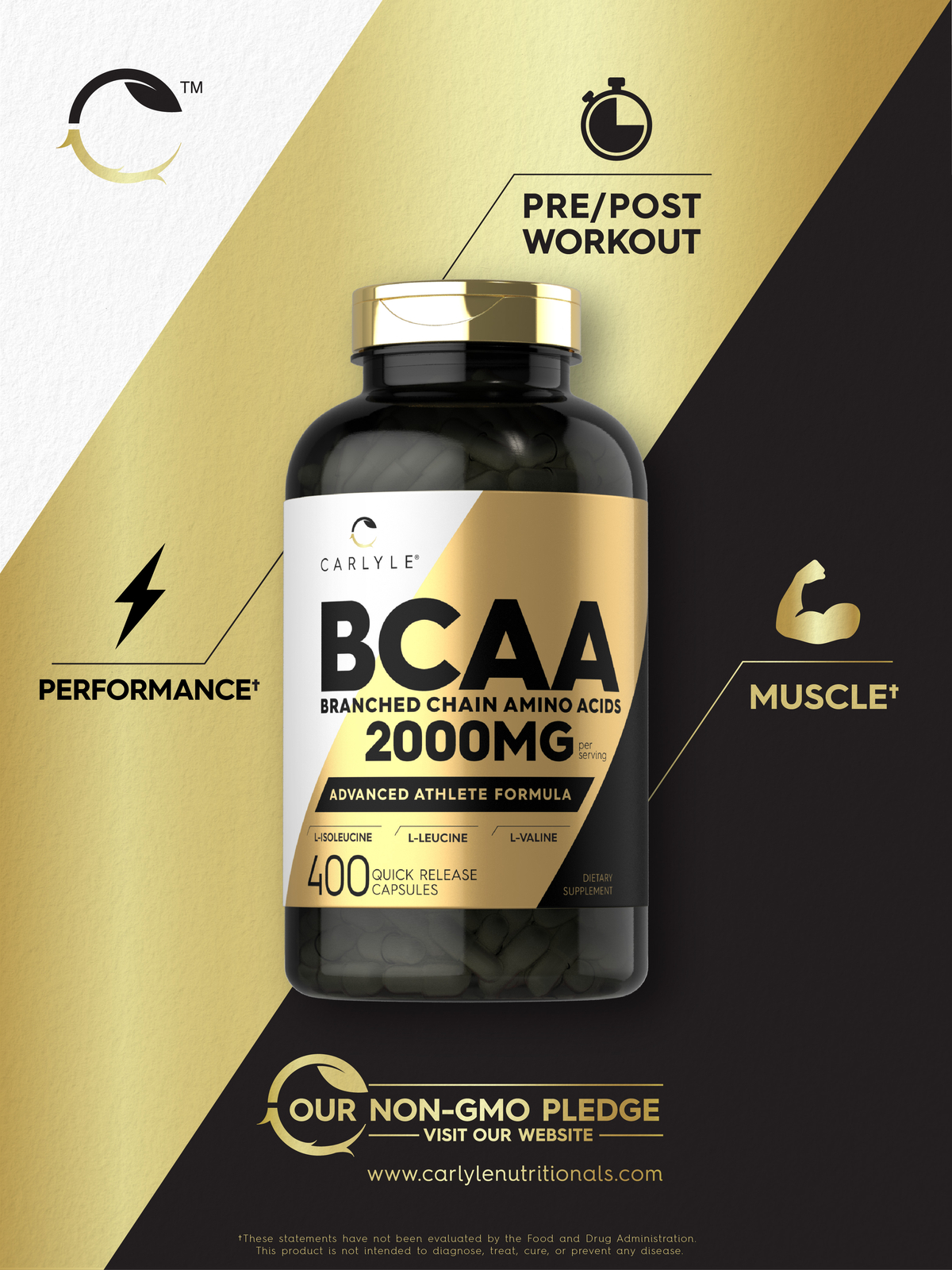 BCAA Amino Acids | 2000mg | 400 Capsules | Branch Chain Amino Acids | Carlyle