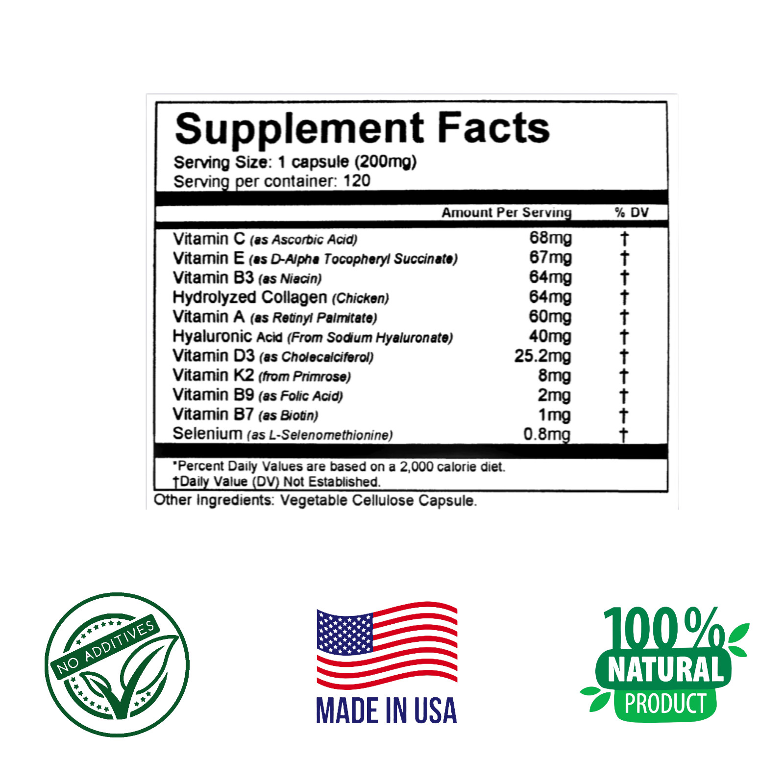 VITAMINS A, E, C, D3 5000 UI, K2, B3, B7, B9, 120 Cap. strong Skin, Hair, Nails.