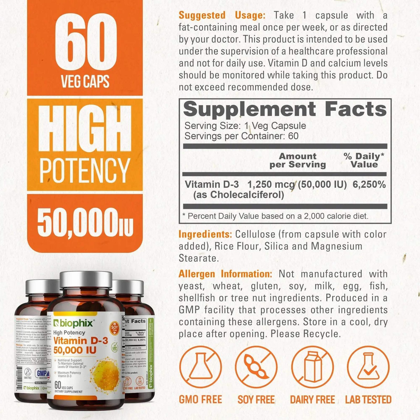 Biophix Vitamin D-3 50000 IU 60 Vcaps – Maximum High Potency