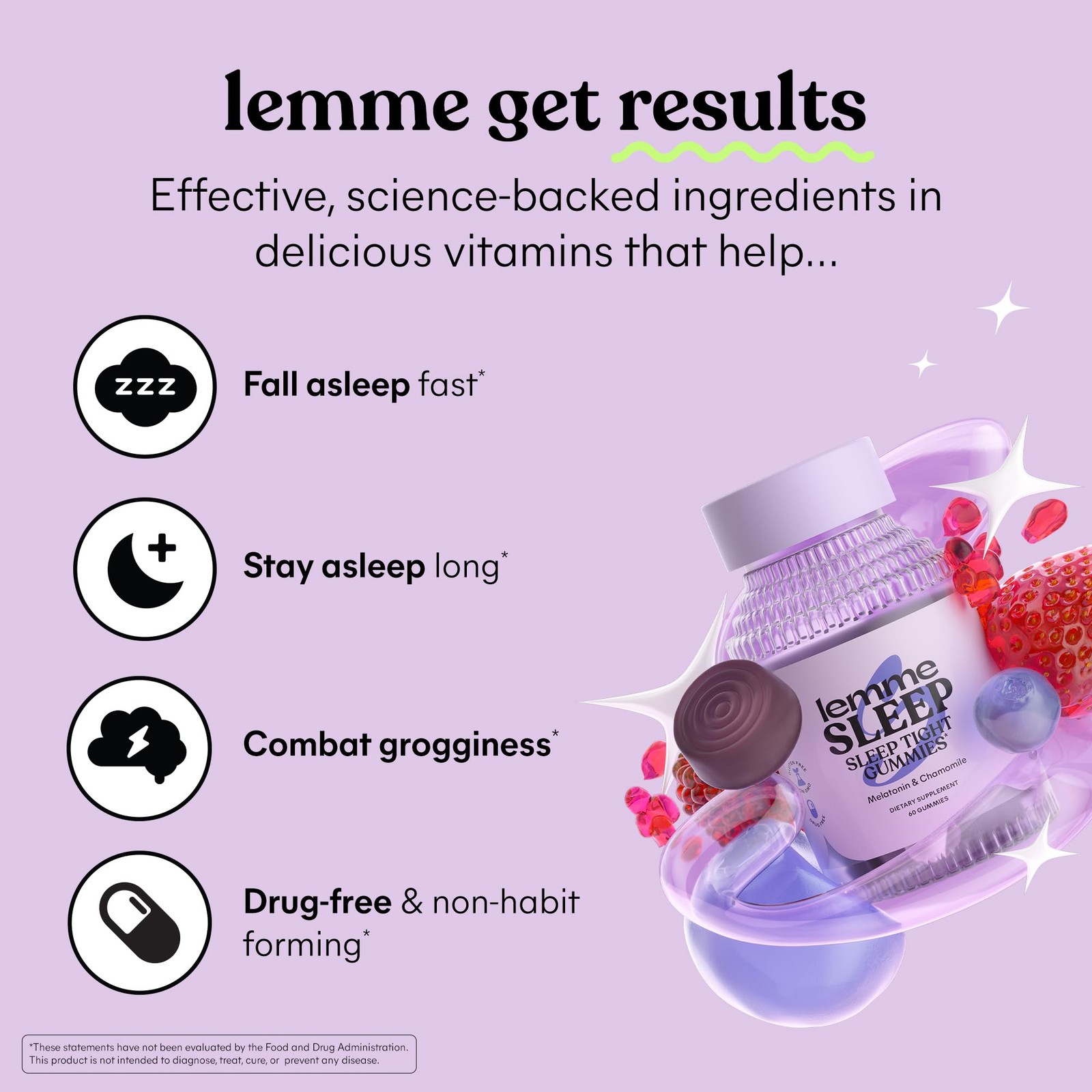 Lemme Sleep Gummies with Melatonin 5mg & Herbs – Berry Flavor, 60 Count