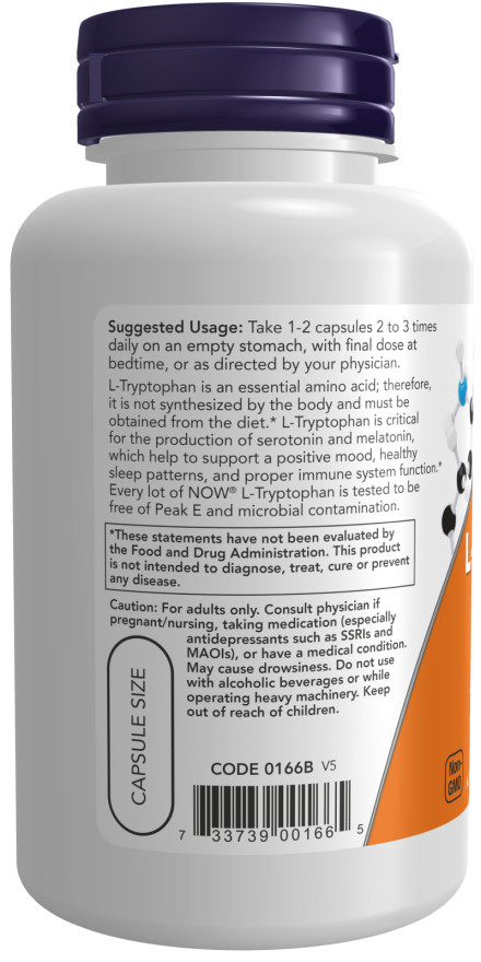 NOW FOODS L-Tryptophan 500 mg – 60 Veg Capsules Exp 04/25