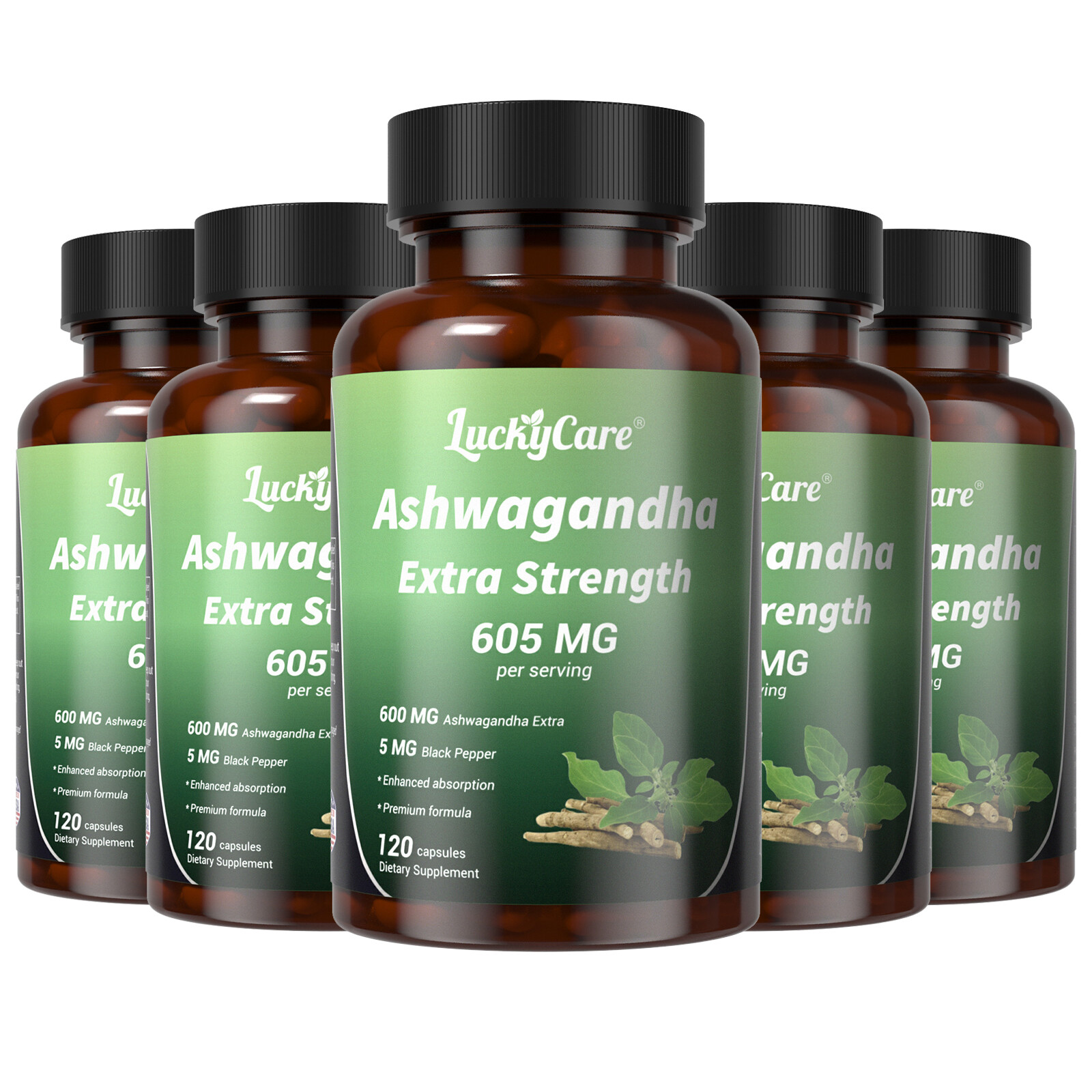 Ashwagandha 600mg w/Black Pepper 5mg Extract Gluten Free Supplement 120 Caps Lot
