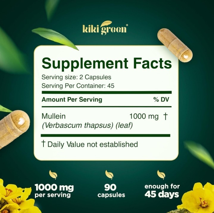 KIKI Green Mullein Leaf Extract Capsules Vegan Herbal Supplement Lung Cleanse 90