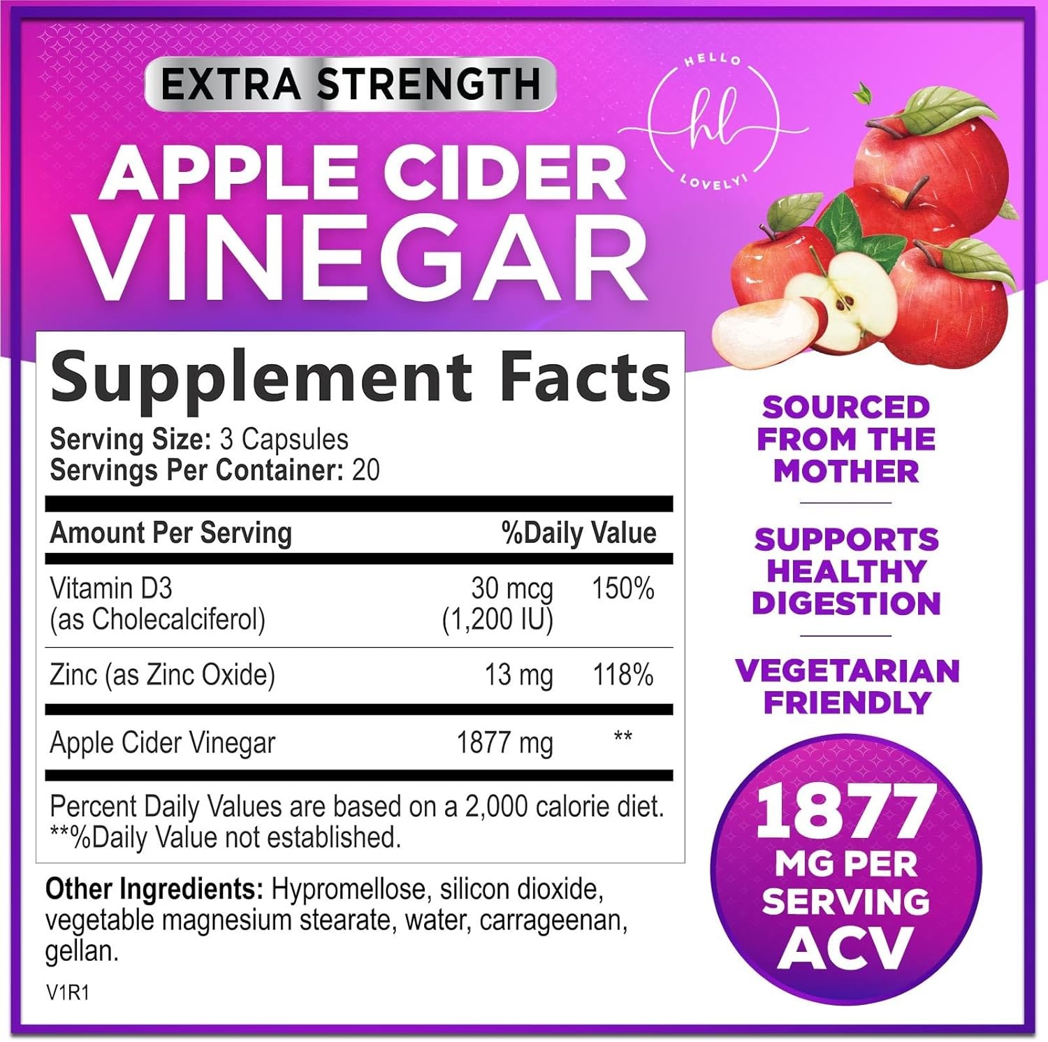 Apple Cider Vinegar 1877 mg Extra Strength ACV Pills with Vitamin D3 60 Capsules