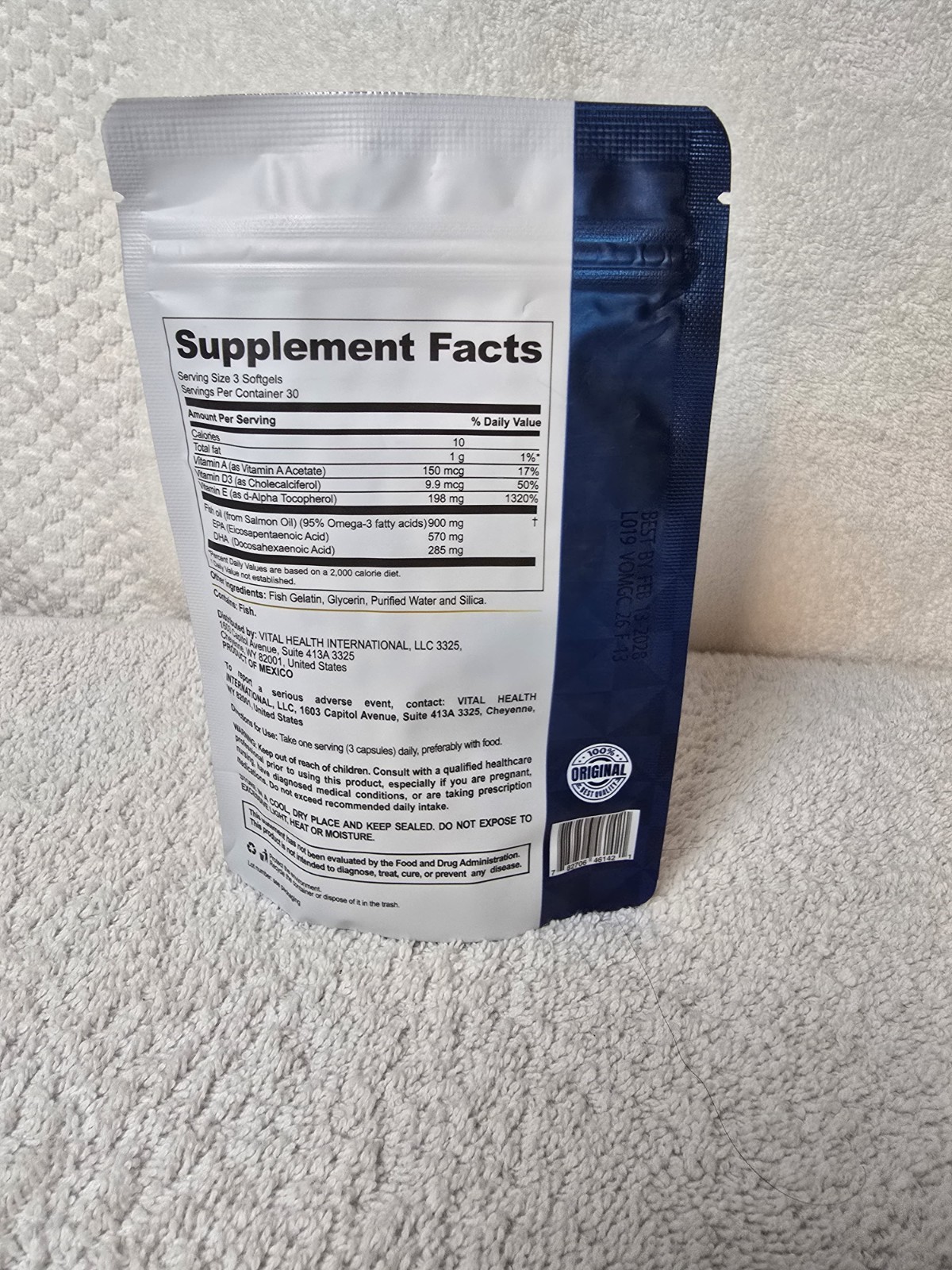 VitalHealth V-Omega 3 Fish Oil Softgels Vitamins A D3 E 700mg 90 Non-GMO