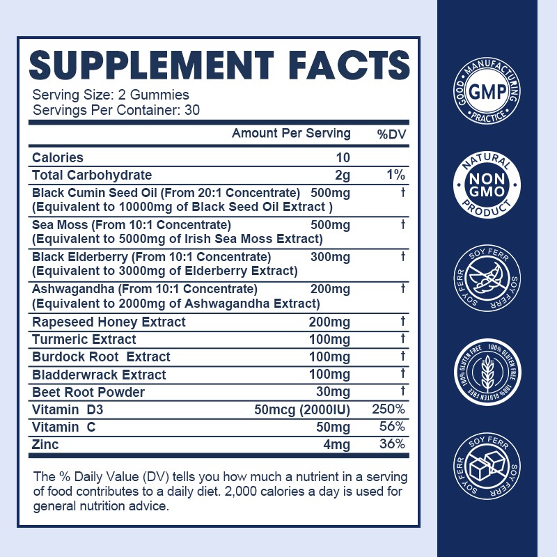 Black Seed Oil 500mg Gummies – with Elderberry, Sea Moss & Ashwagandha, 120ct