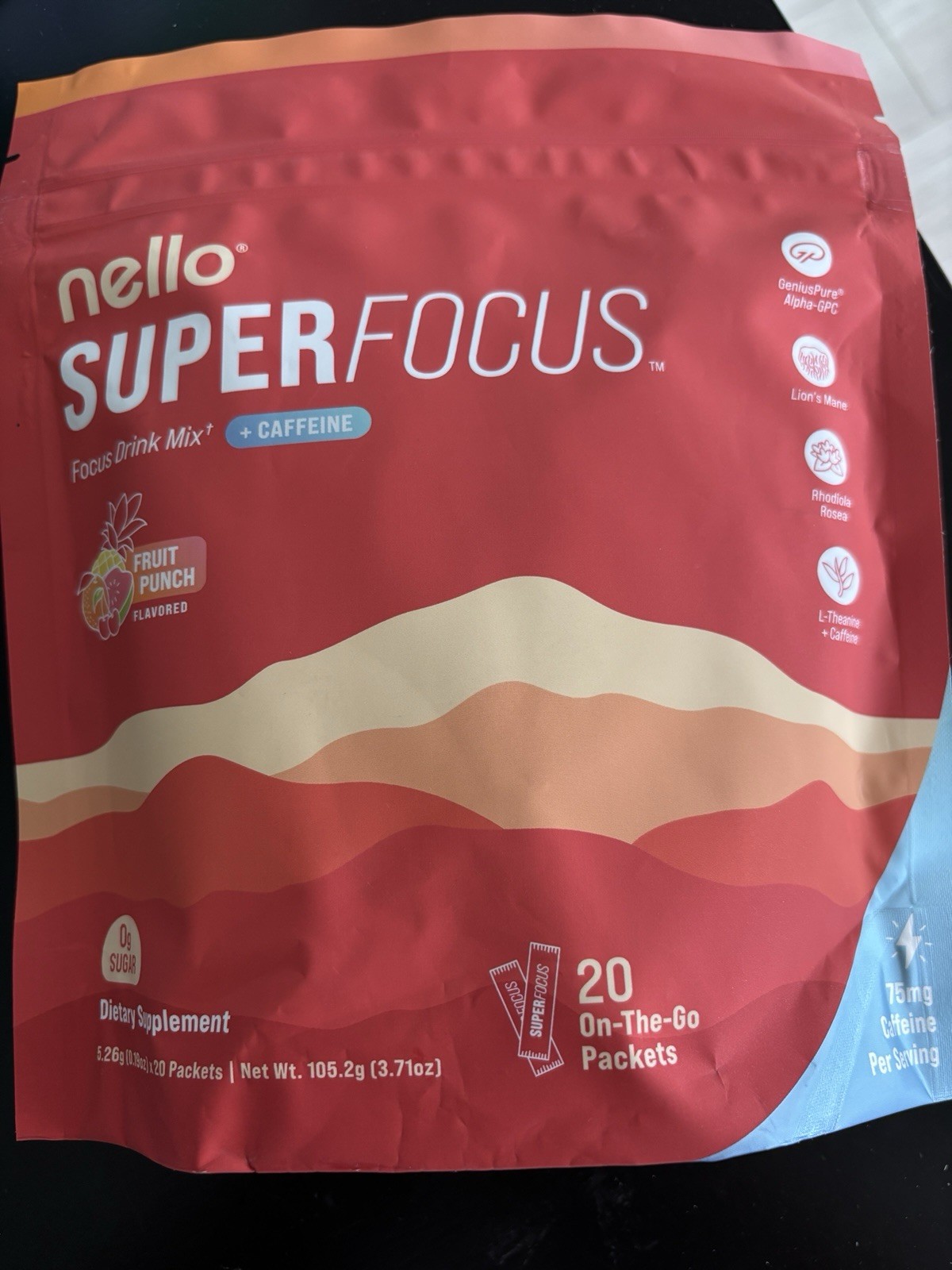 Nello SuperFocus Focus Drink Mix + Caffeine Fruit Punch 20 Packets 0g Sugar