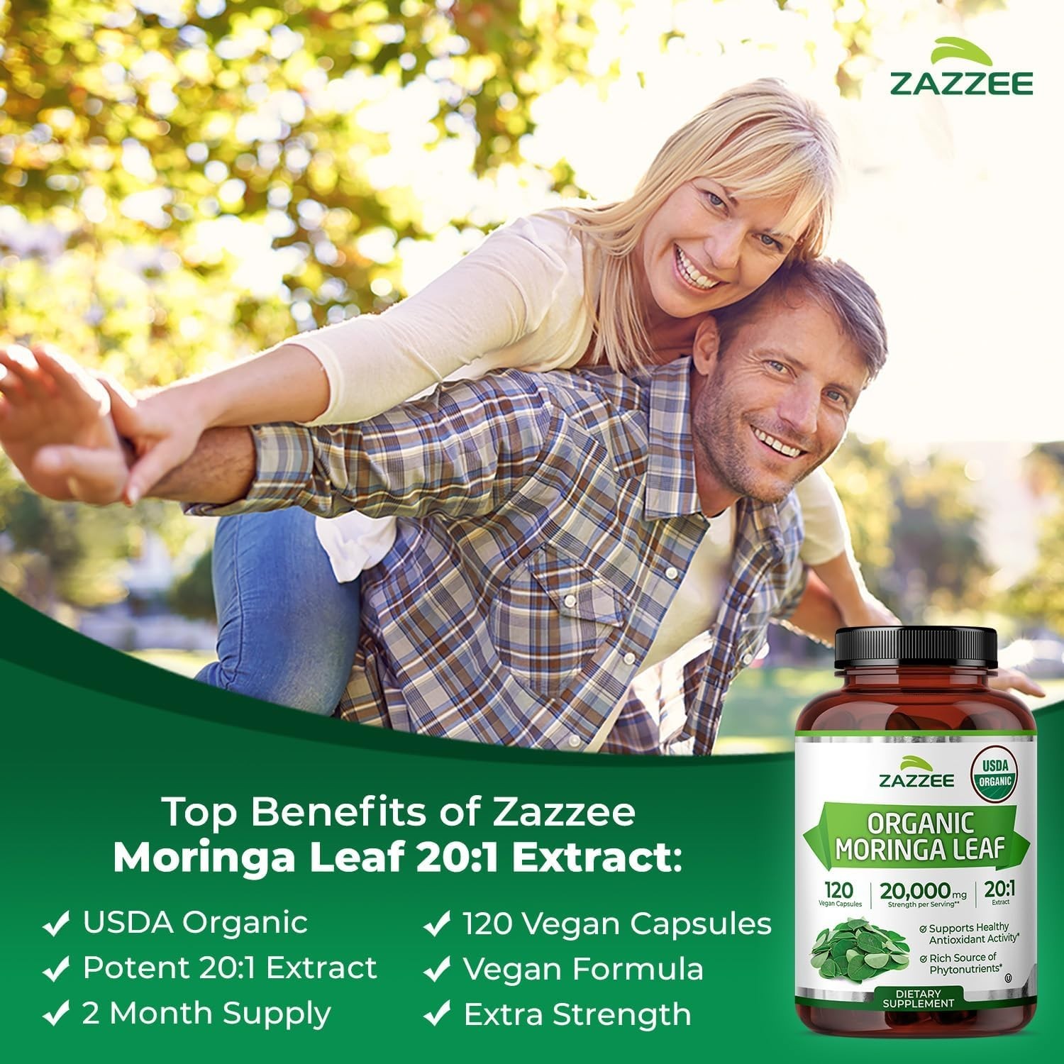 Zazzee USDA Organic Moringa Leaf 20:1 Extract, 1000 mg per Serving, 120 Vegan