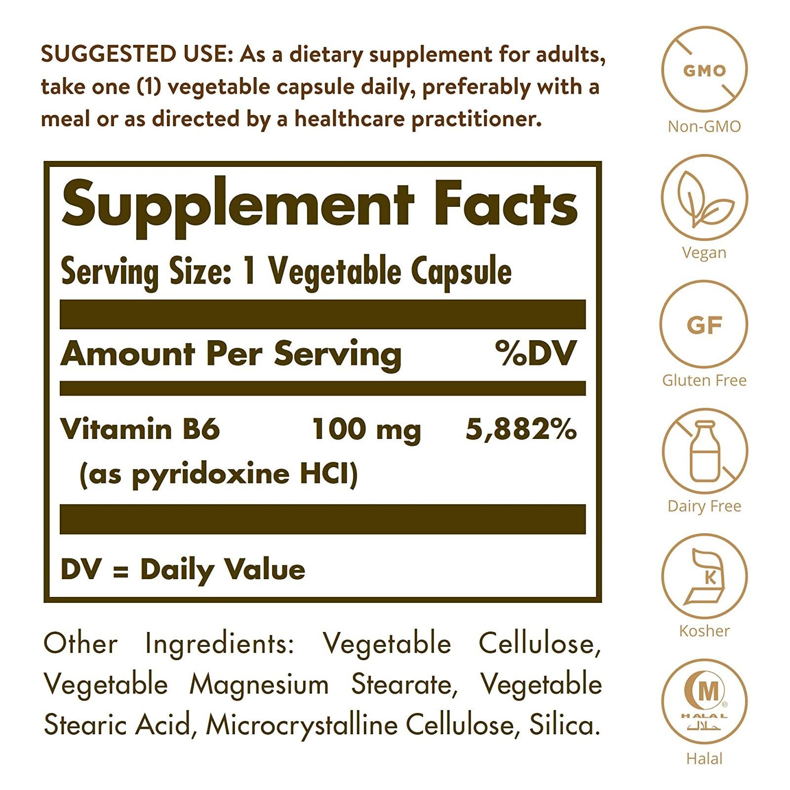 Solgar Vitamin B6 100 mg 250 Vegetable Capsules, Energy Metabolism