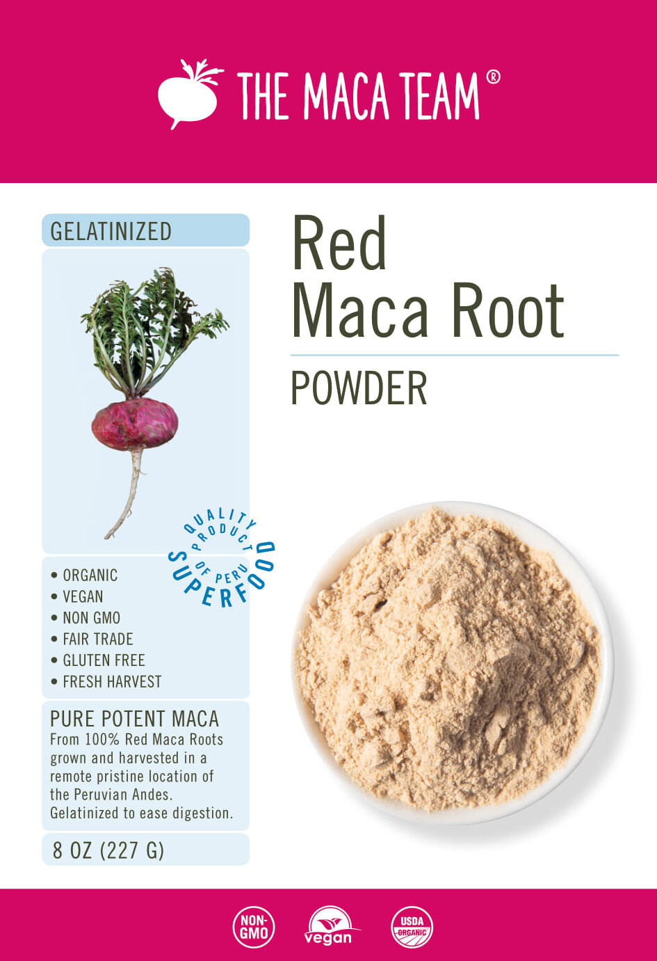 Gelatinized Red Maca Root Powder – Certified Organic, Fair Trade, GMO-Free