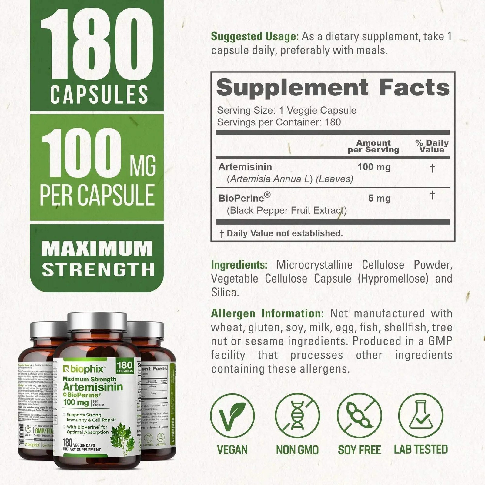 Biophix Artemisinin 100 mg with Bioperine 5 mg 180 Veggie Caps