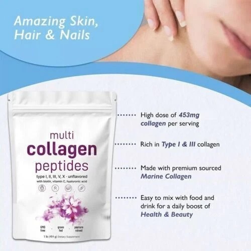 Multi Collagen Peptides Powder 1 lb Hydrolyzed Protein Peptide Type I,II,III,VX