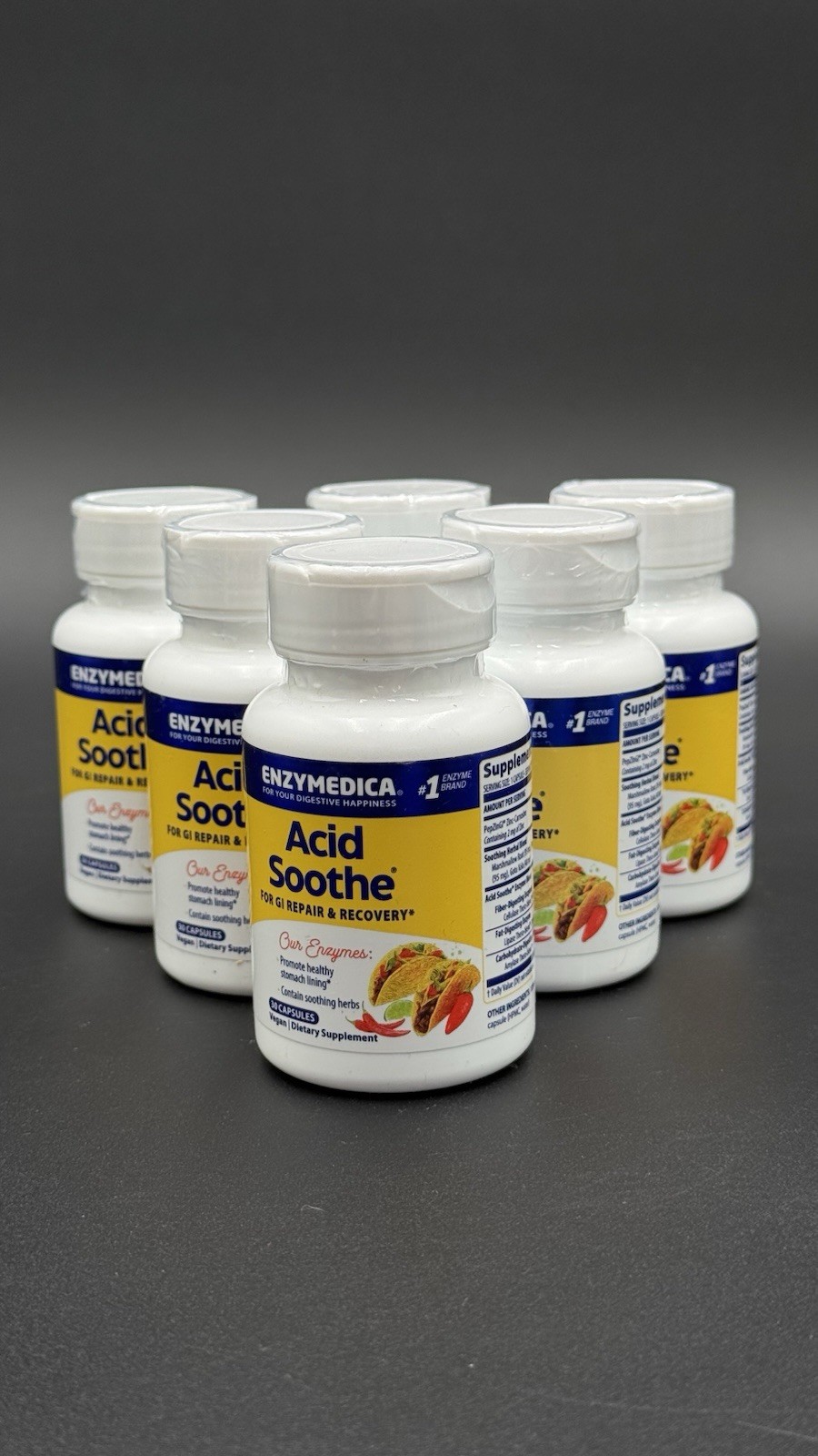(6) Enzymedica – Acid Soothe Digestive Happiness 30 Capsules – EXP 05/2026 New