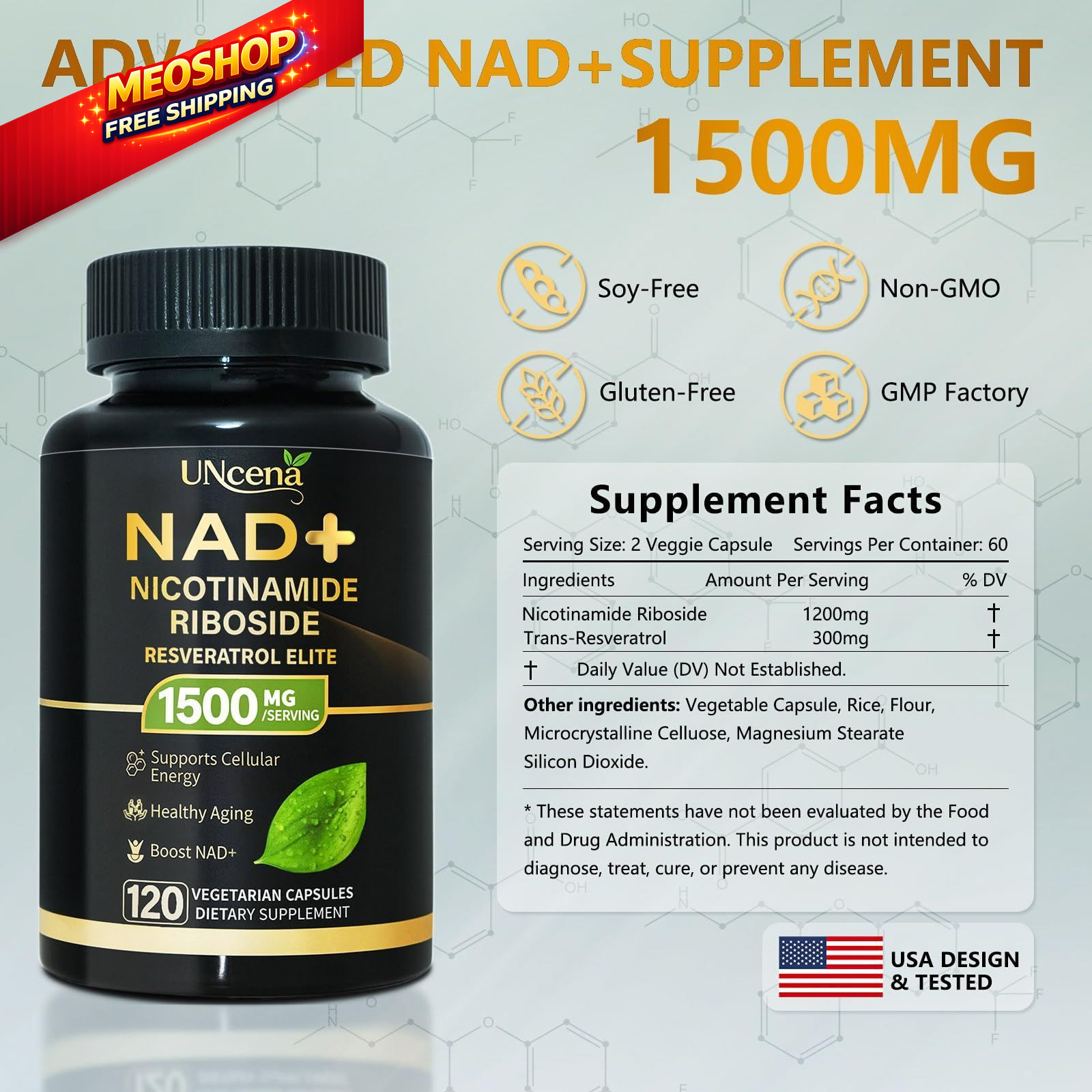 UNcena NAD Supplement 1500mg – Liposomal NAD+ 120 Count (Pack of 1)