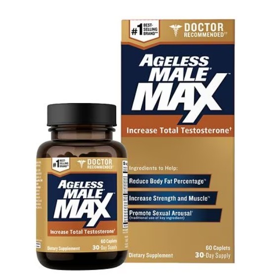 Ageless Male Max Nitric Oxide & Testosterone Booster 60 Caplets Exp 3/2027+