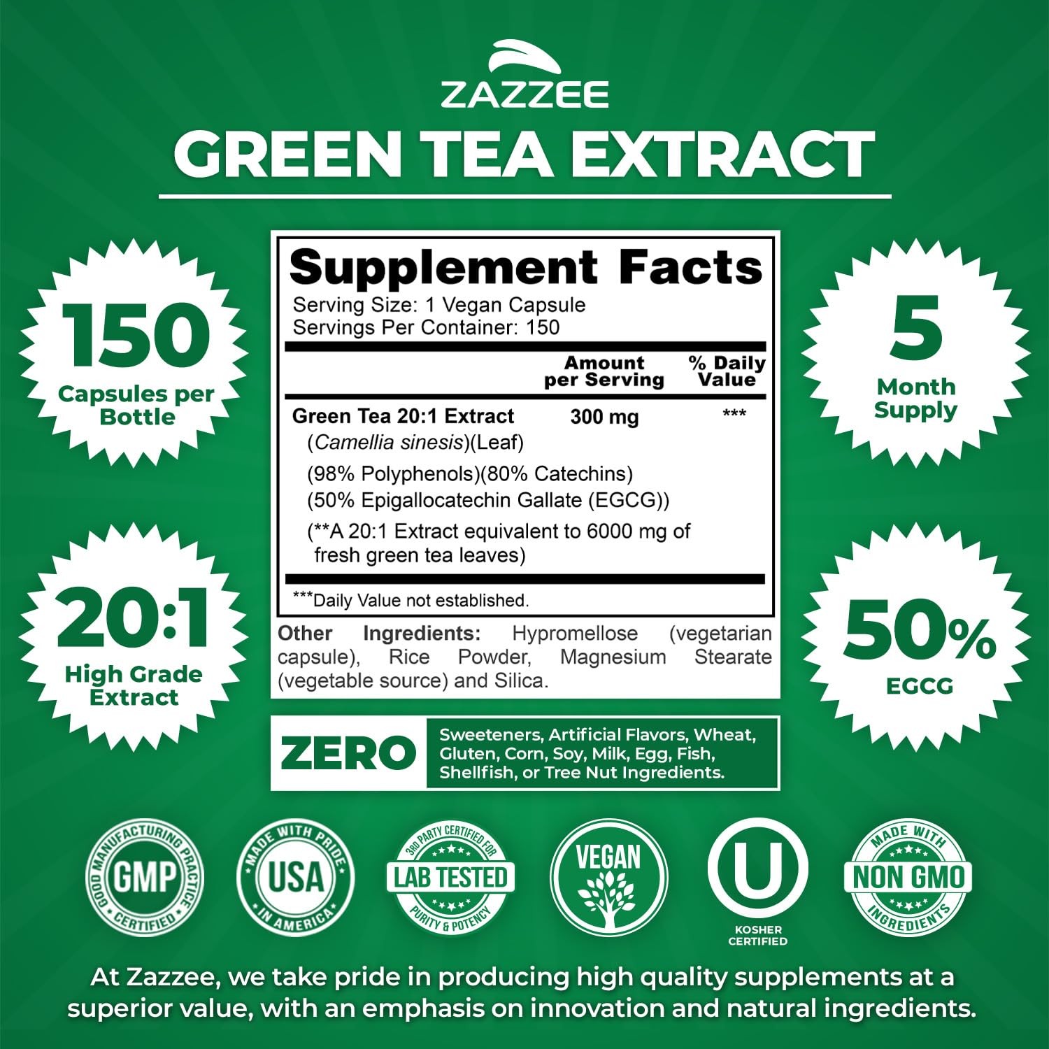 Zazzee Extra Strength Green Tea 20:1 Extract, 50% EGCG, 150 Count (Pack of 1)