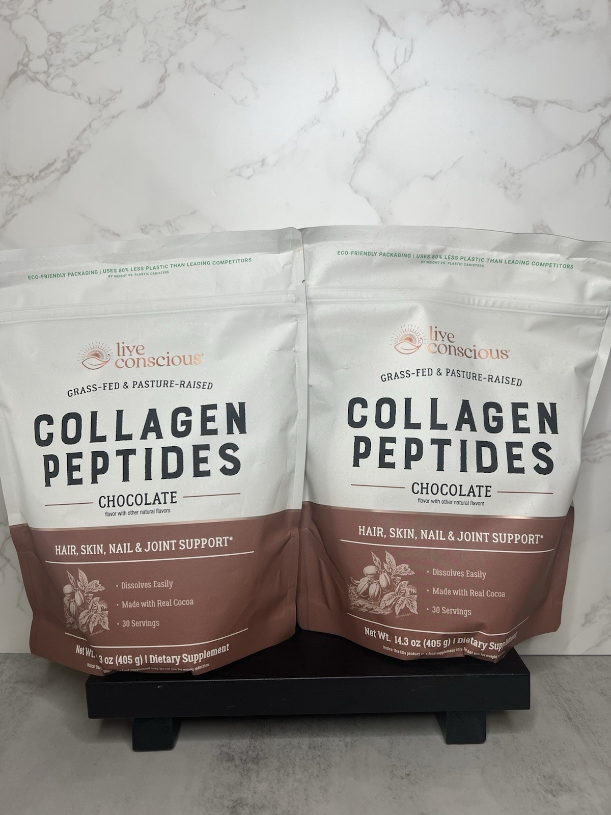 Live Conscious Grass-Fed Collagen Peptides Chocolate TWO 14.3 oz Exp 12/27