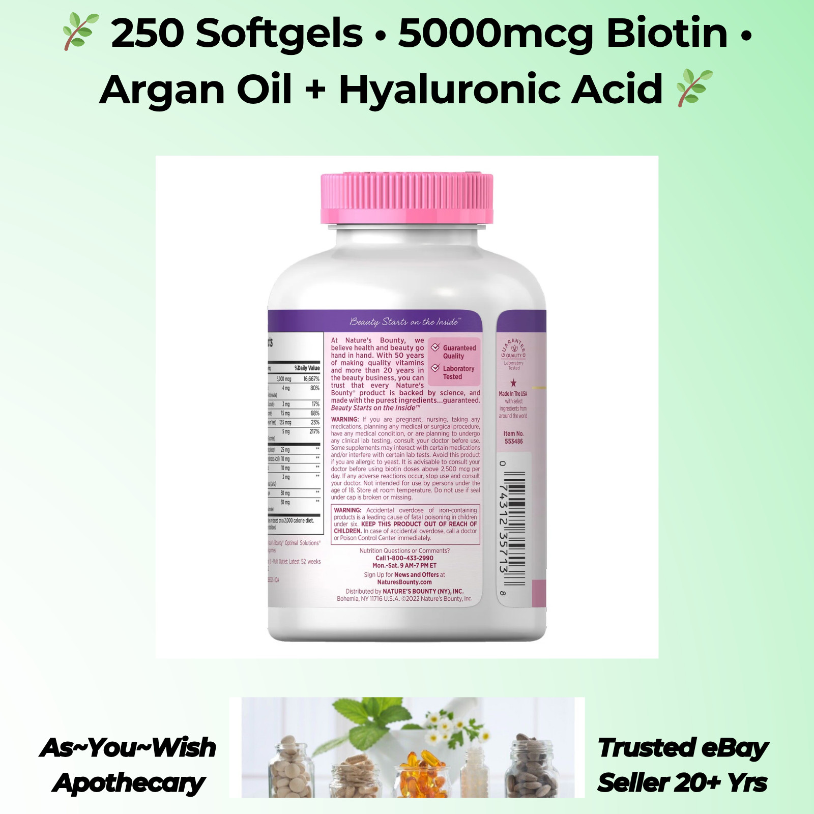 250 Ct. Nature’s Bounty Hair Skin Nails 5000mcg Exp9/26 Biotin Argan Hyaluronic