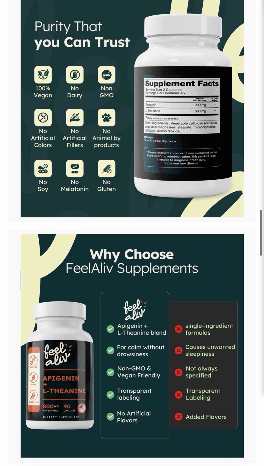 feel aliv Apigenin + L-Theanine 800mg Caps 90ct Vegan Non-GMO Gluten-Free