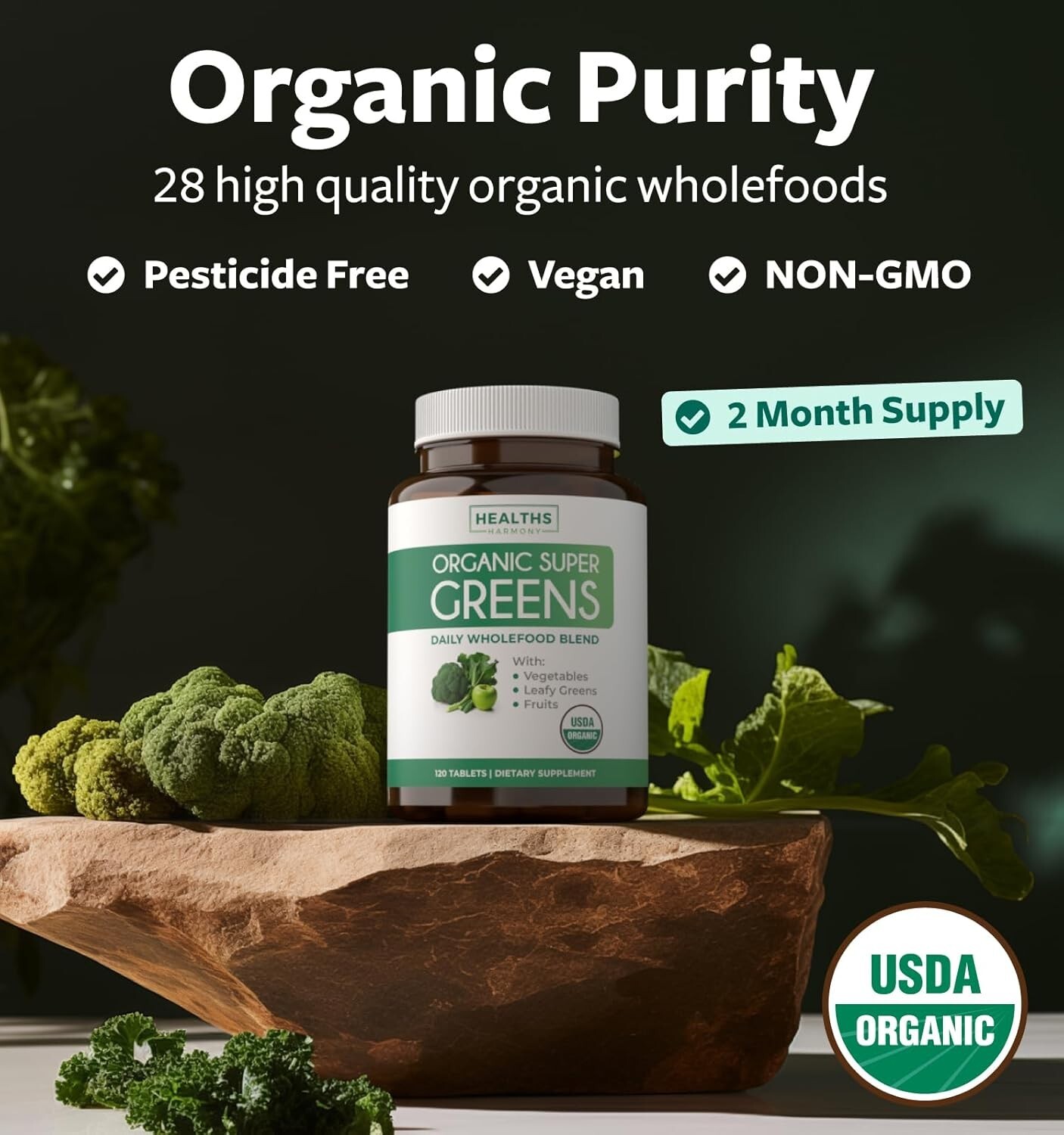 Health’s Harmony USDA Organic Greens, 120 Tablets Convenient Pills Energy Gut
