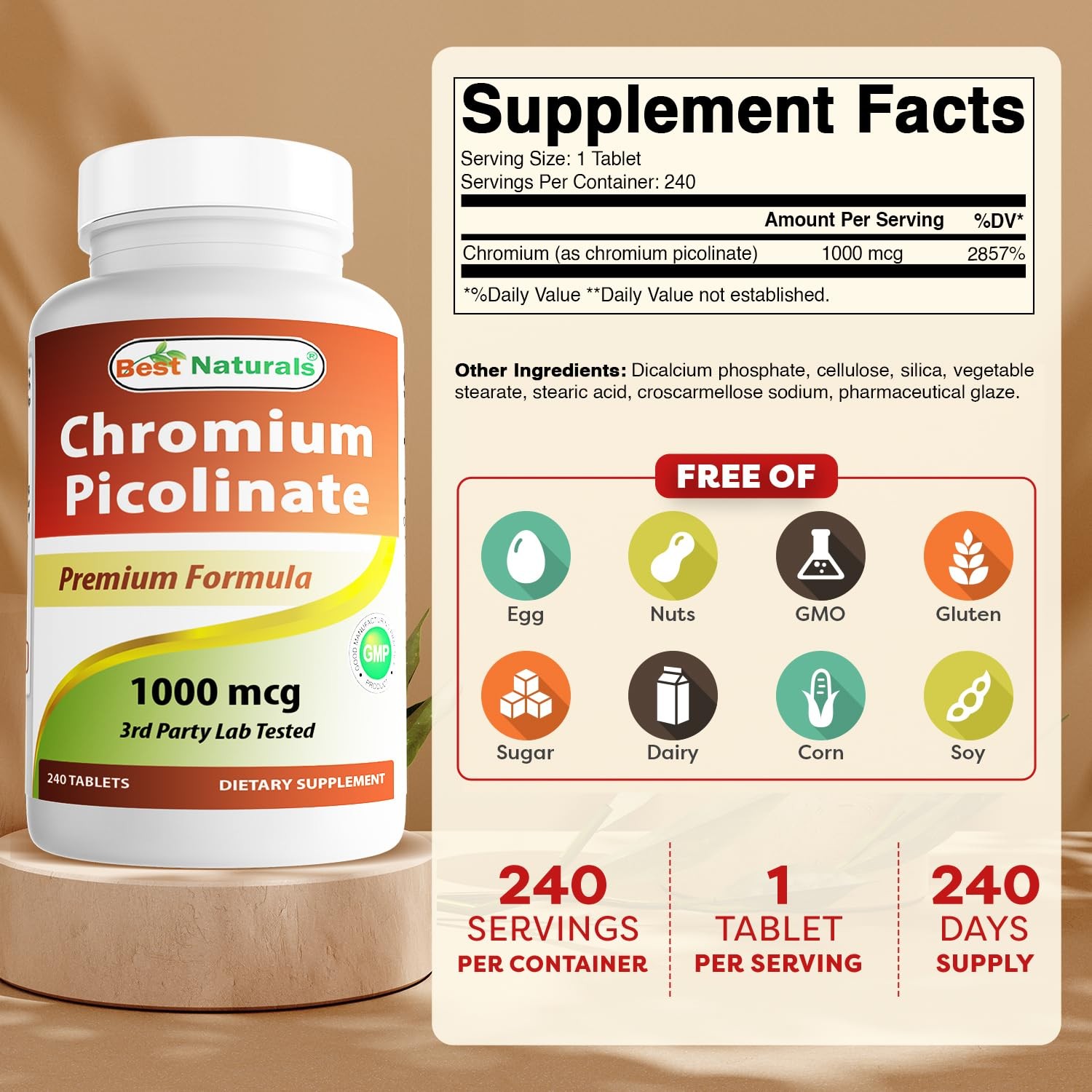 Best Naturals Chromium Picolinate 1000 mcg 240 Count (Pack of 1), No Color