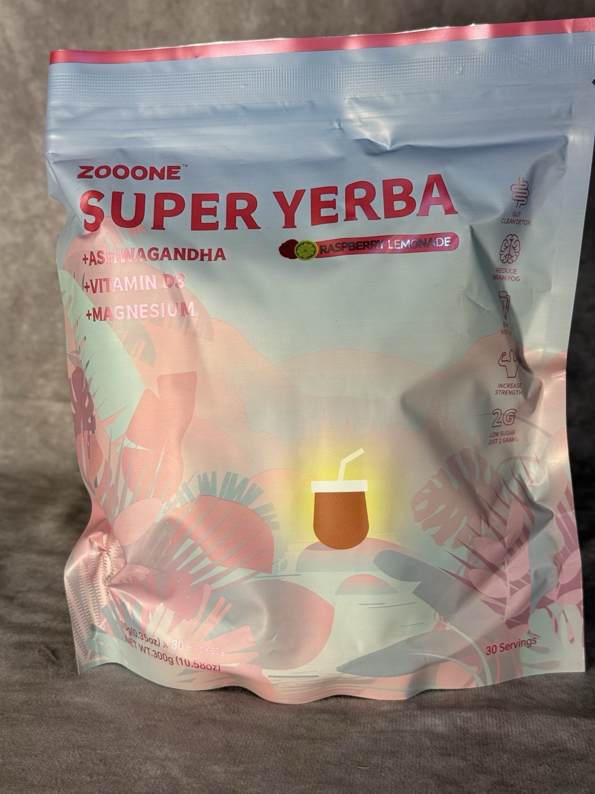 Zooone Yerba Mate Powder Ashwagana Magnesium Raspberry Lemonade 30 Servings