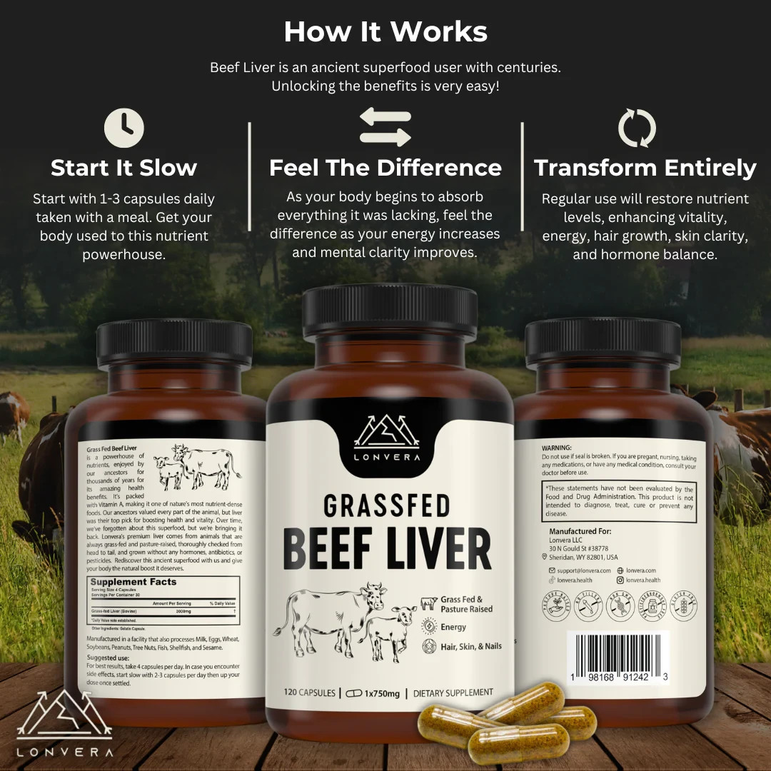 Lonvera Grass-Fed Beef Liver Capsules 3000mg Pasture-Raised Non-GMO GF