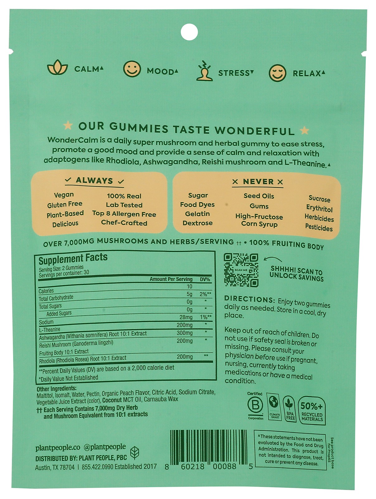 Wondercalm Mushroom Gummies By Plant People 60 Count Summer Peach Ct 1 Pack