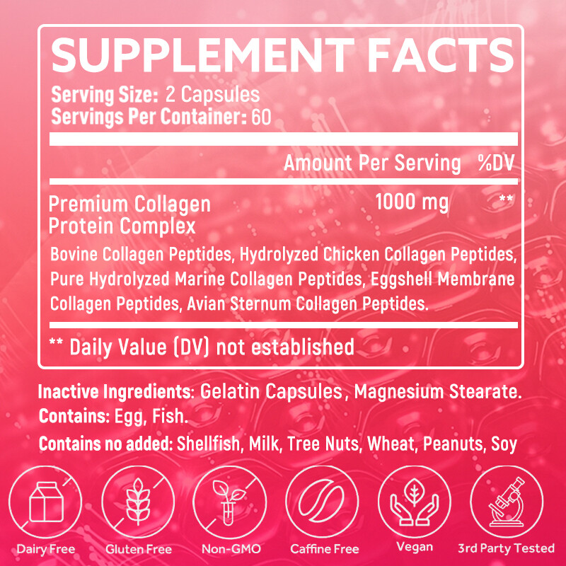 Multi Collagen Peptides Capsules-Hydrolyzed Protein Peptides (Type I,II,III,V,X)