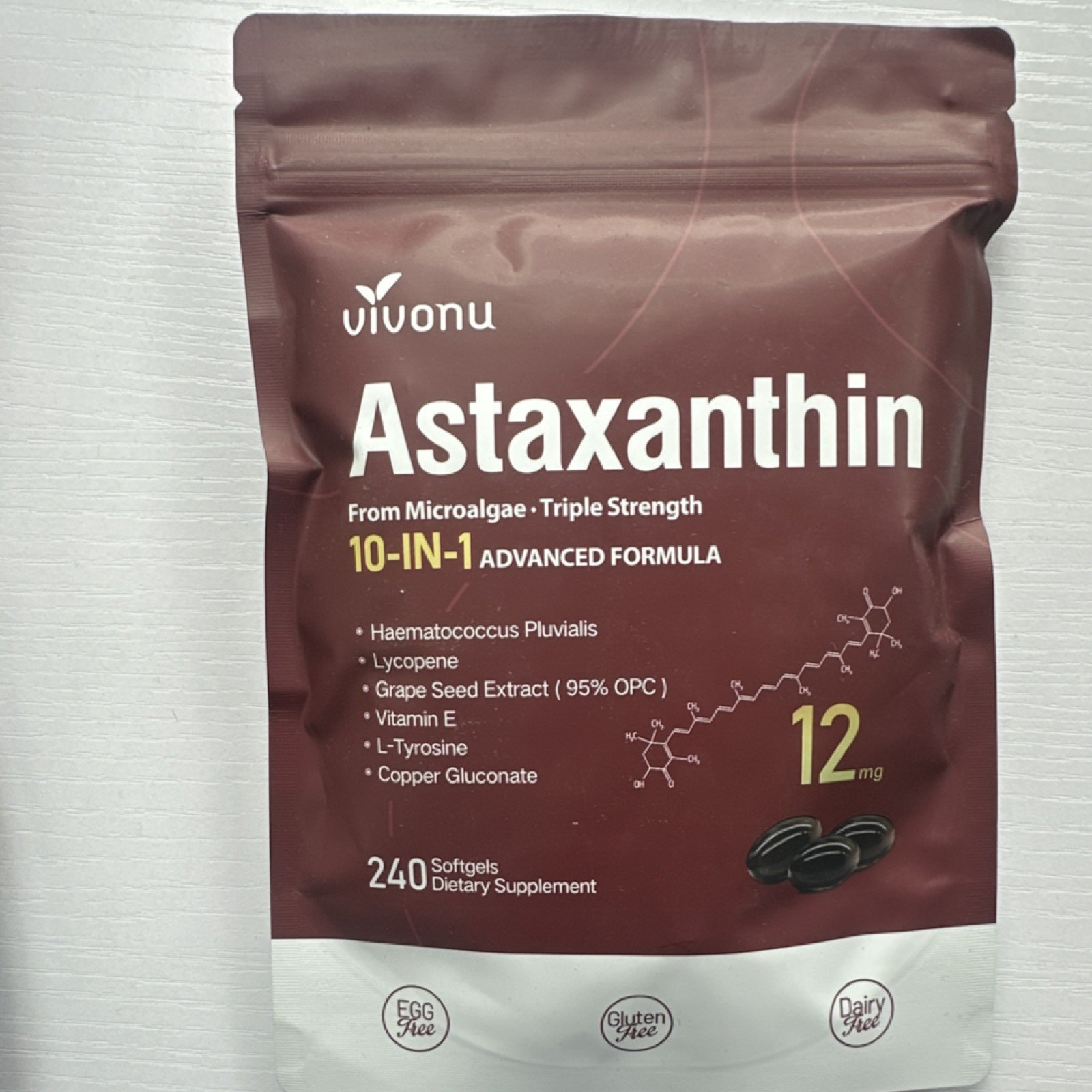 Vivonu Astaxanthin Antioxidant Softgels 12mg 240ct Gluten-Free Exp 03/2028
