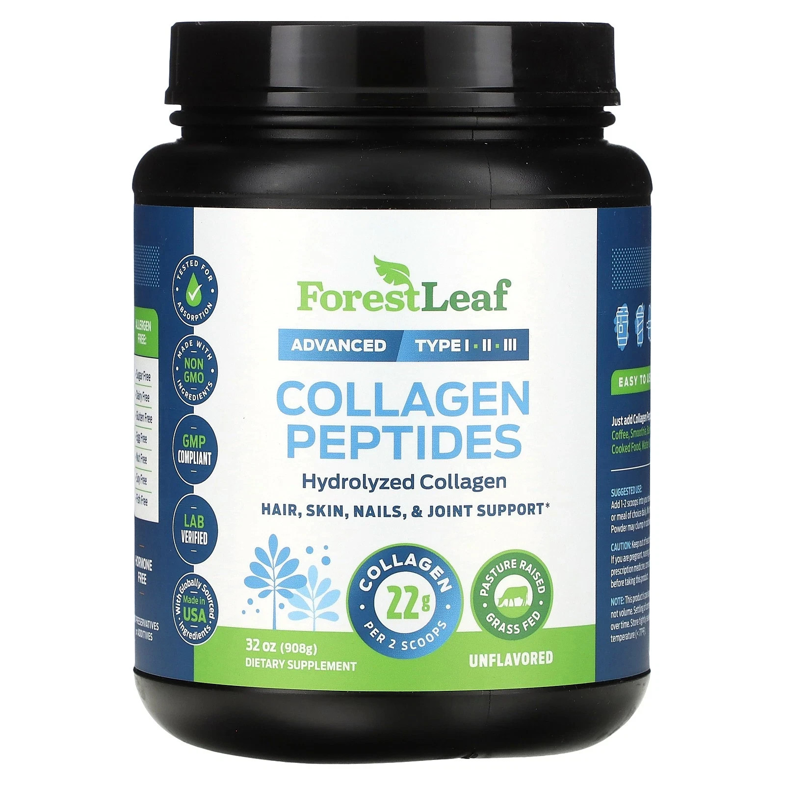 Forest Leaf Hydrolyzed Collagen Peptides Powder Unflavored Protein Powder, 32oz