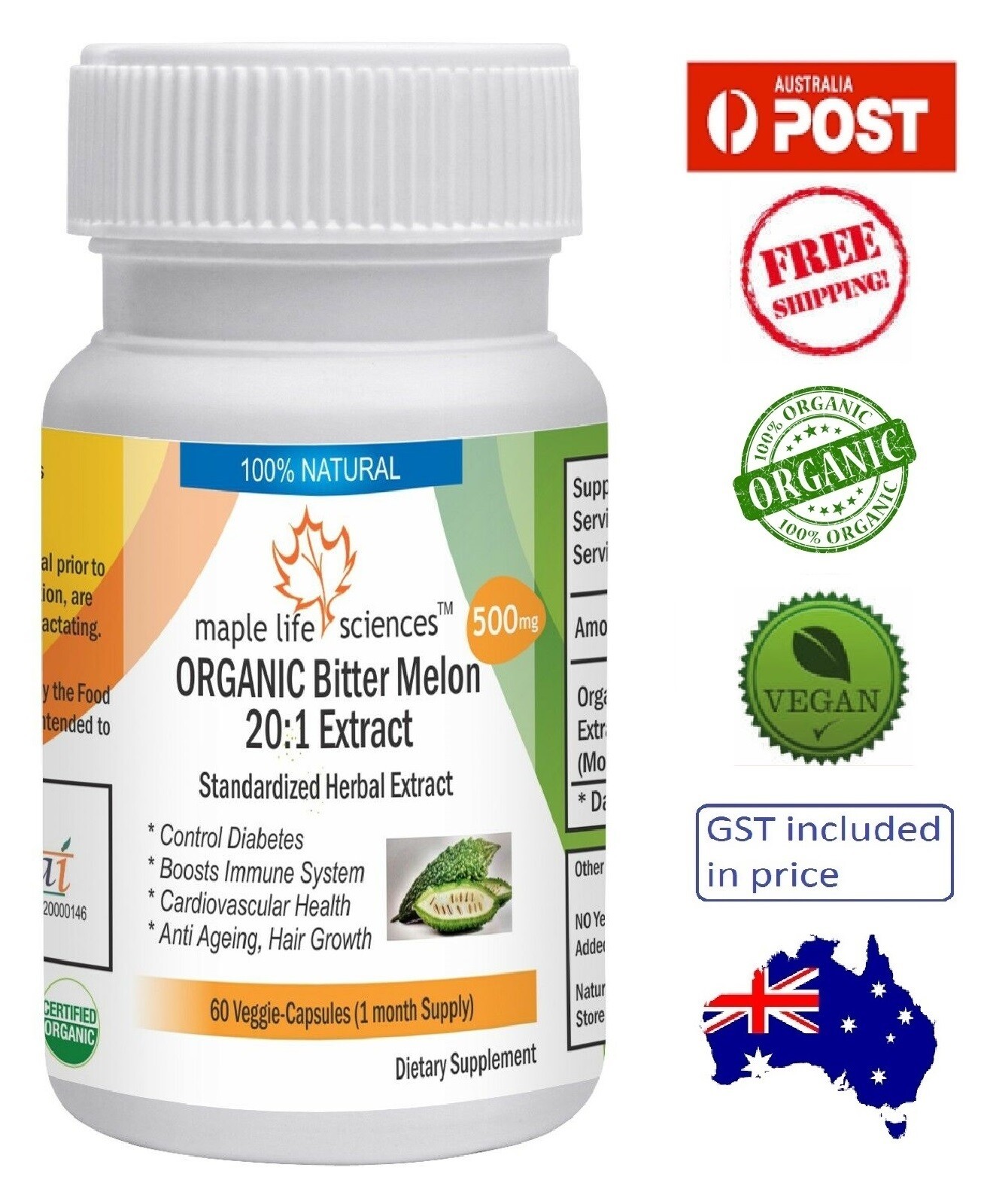 ORGANIC Bitter Melon (Momordica Charantia) 20:1 Extract – 500mg – AU Stock