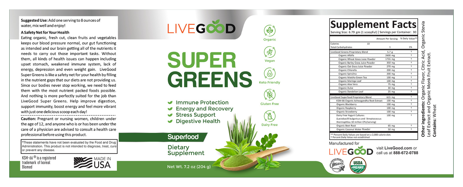 ORGANIC SUPER GREENS Superfood Dietary Supplement Multi-Vitamin Natural Healthy
