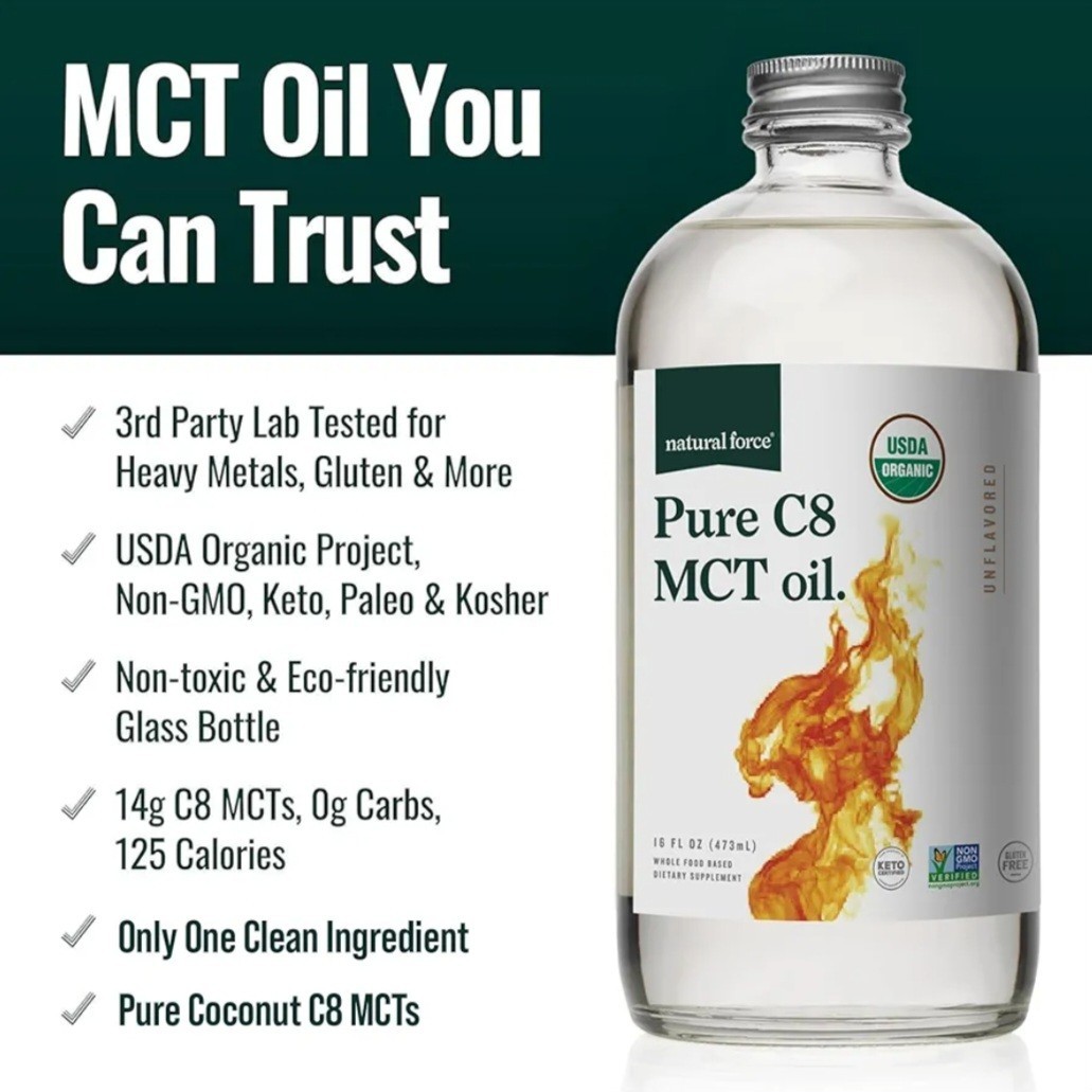 Natural Force Organic Pure C8 MCT Oil Liquid in Glass Bottle Container 16 Ounce