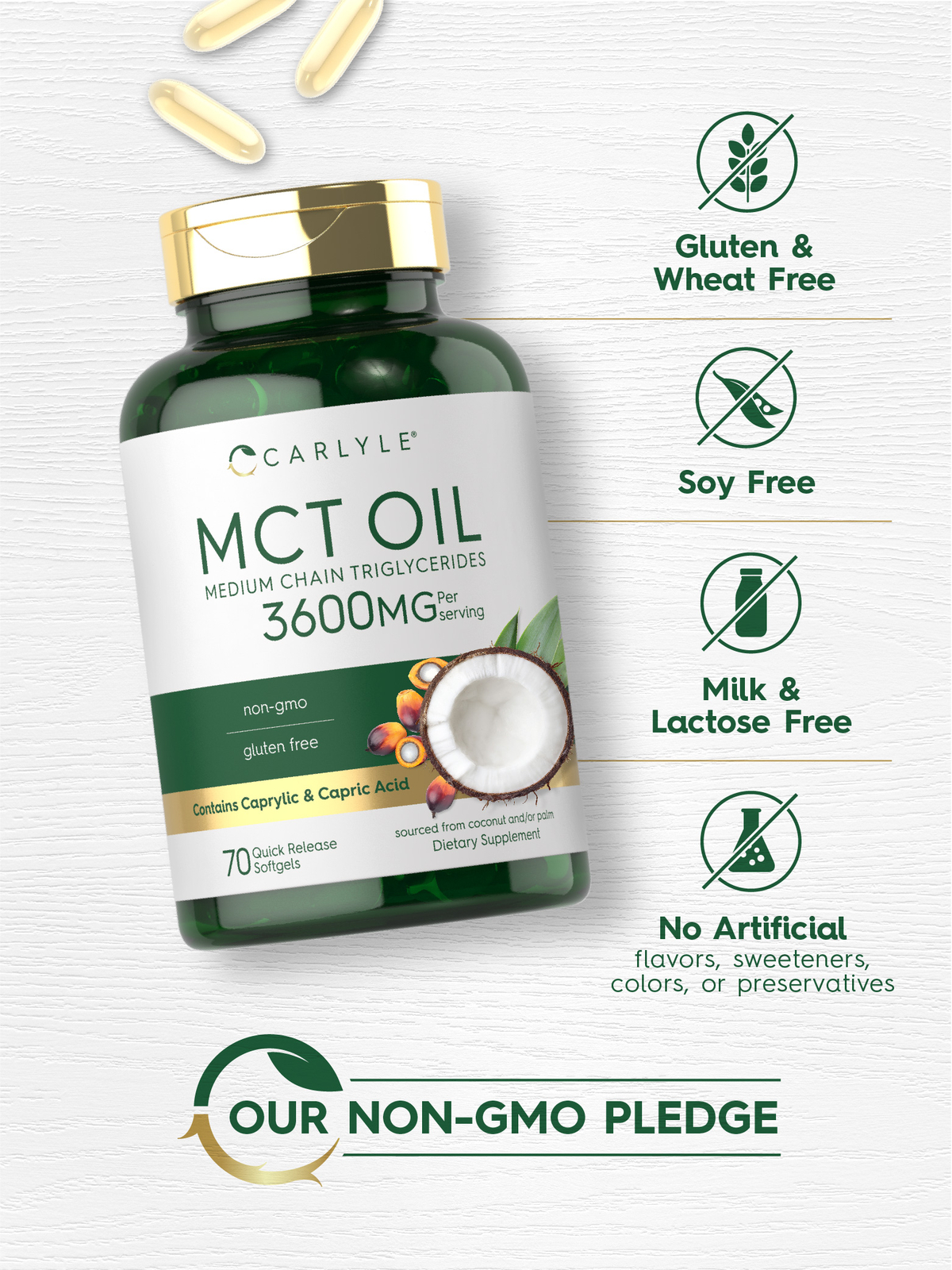 MCT Oil Capsules 3600 mg | 70 Softgels | Keto Coconut Oil Pills | by Carlyle