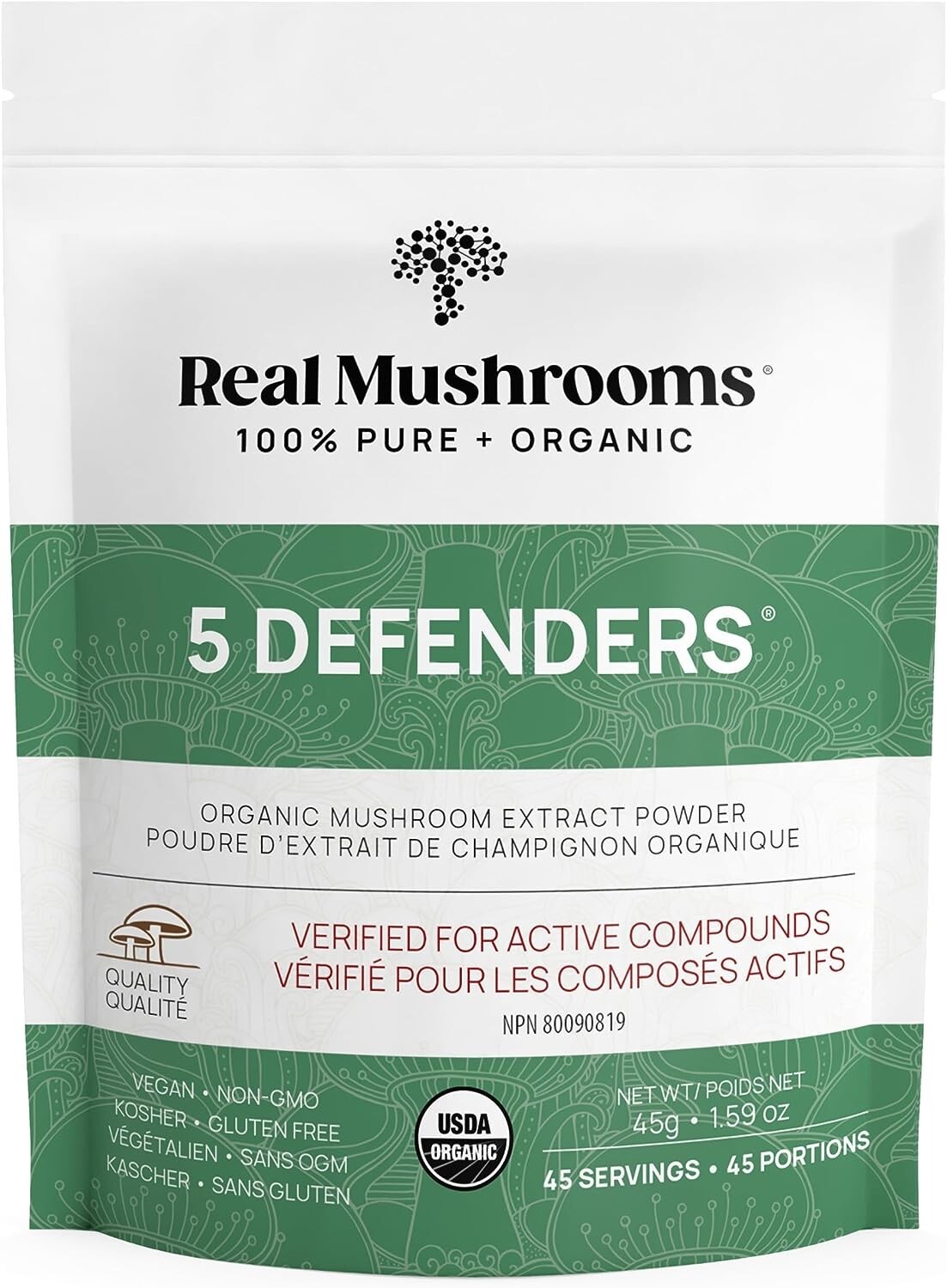 Real Mushrooms Organic 5 Defenders Mushroom Blend Immune Strength Powder 45g NEW