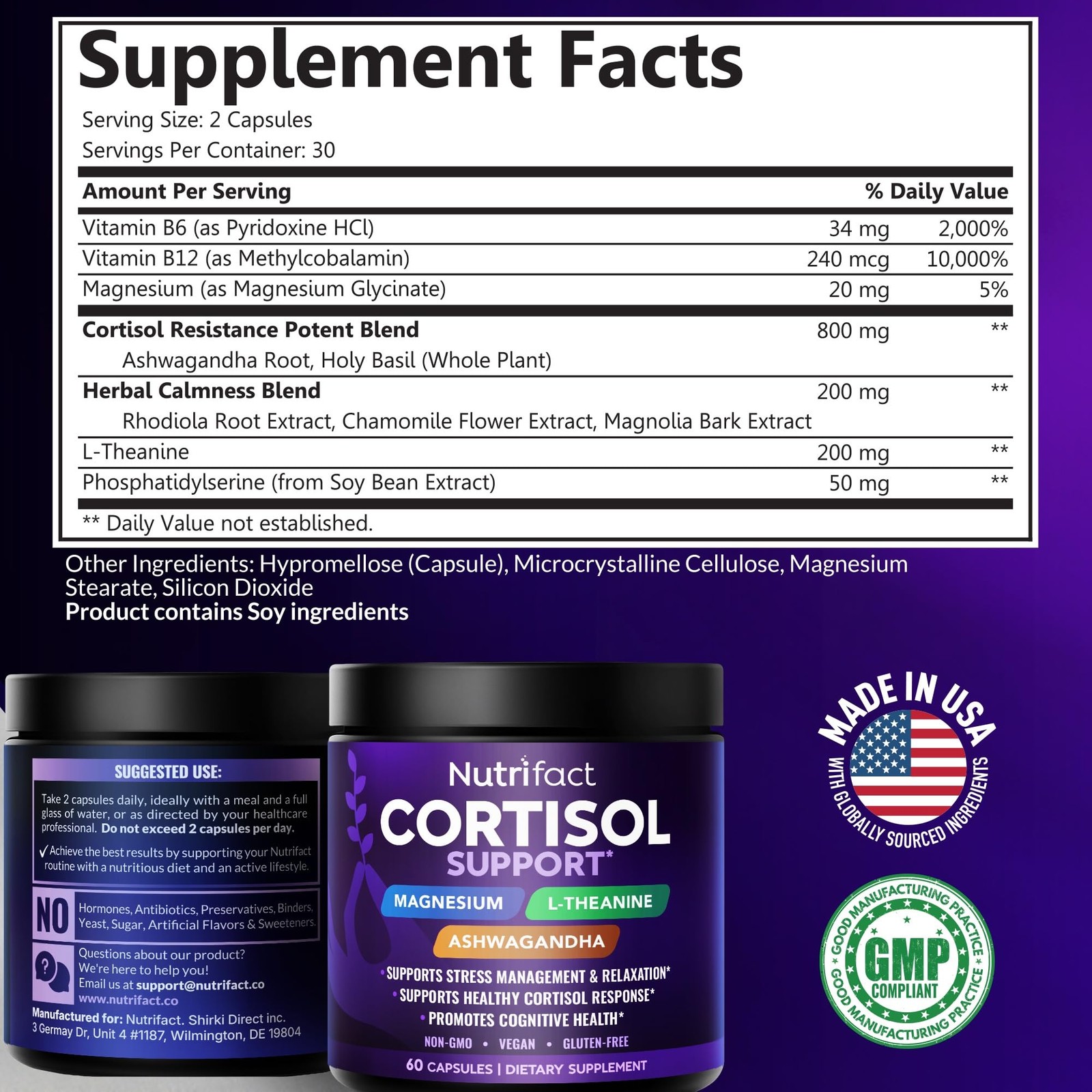 NutriFact Cortisol Supplements for Women & Men – Vegan, 60 Count (Pack of 1)