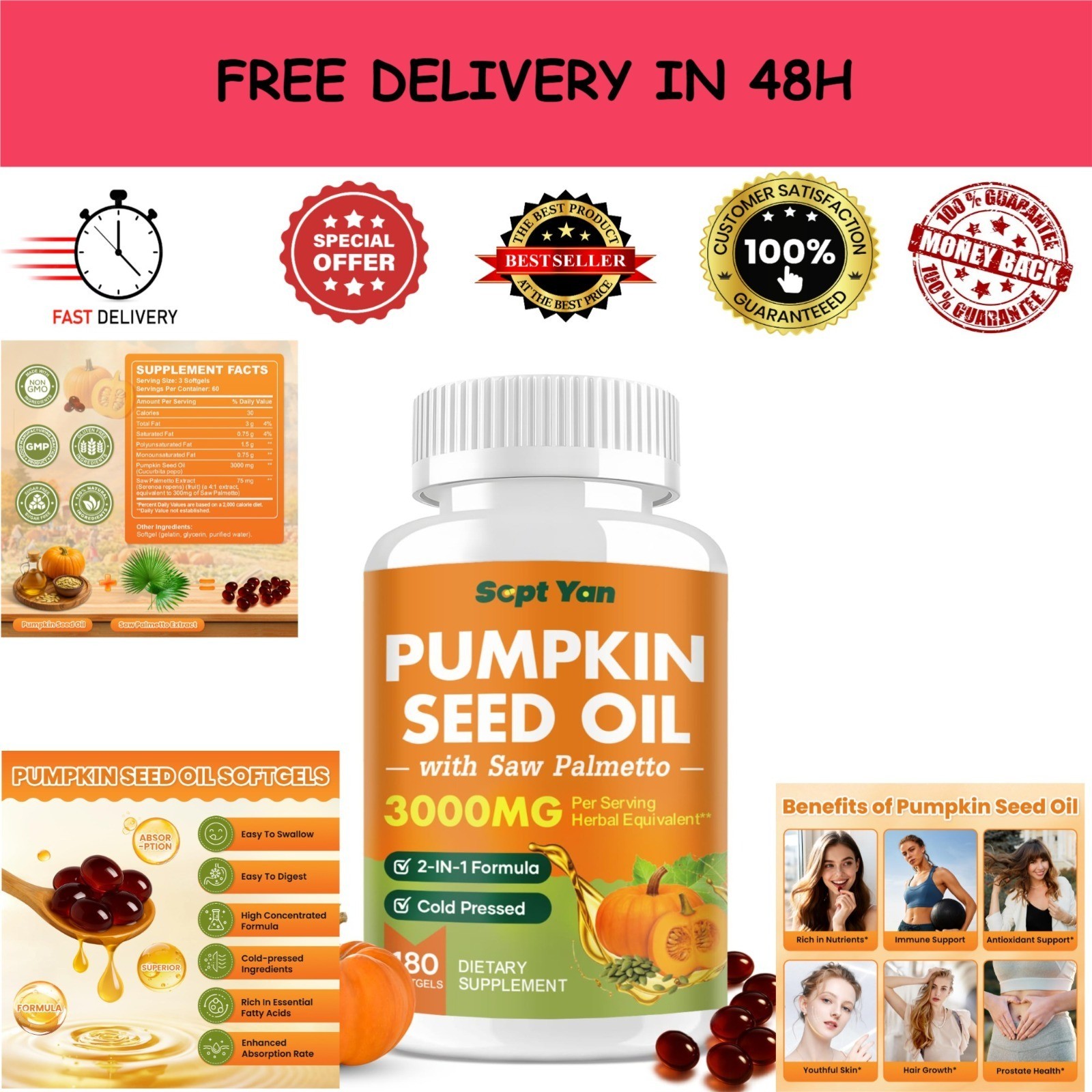 Pumpkin Seed Oil with Saw Palmetto 3000mg, 180 Softgels, Non-GMO