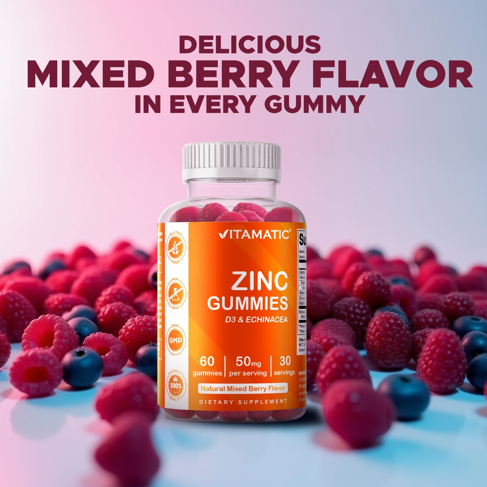 Vitamatic Zinc 50mg Gummies – 60 Vegan Gummies – Gluten Free
