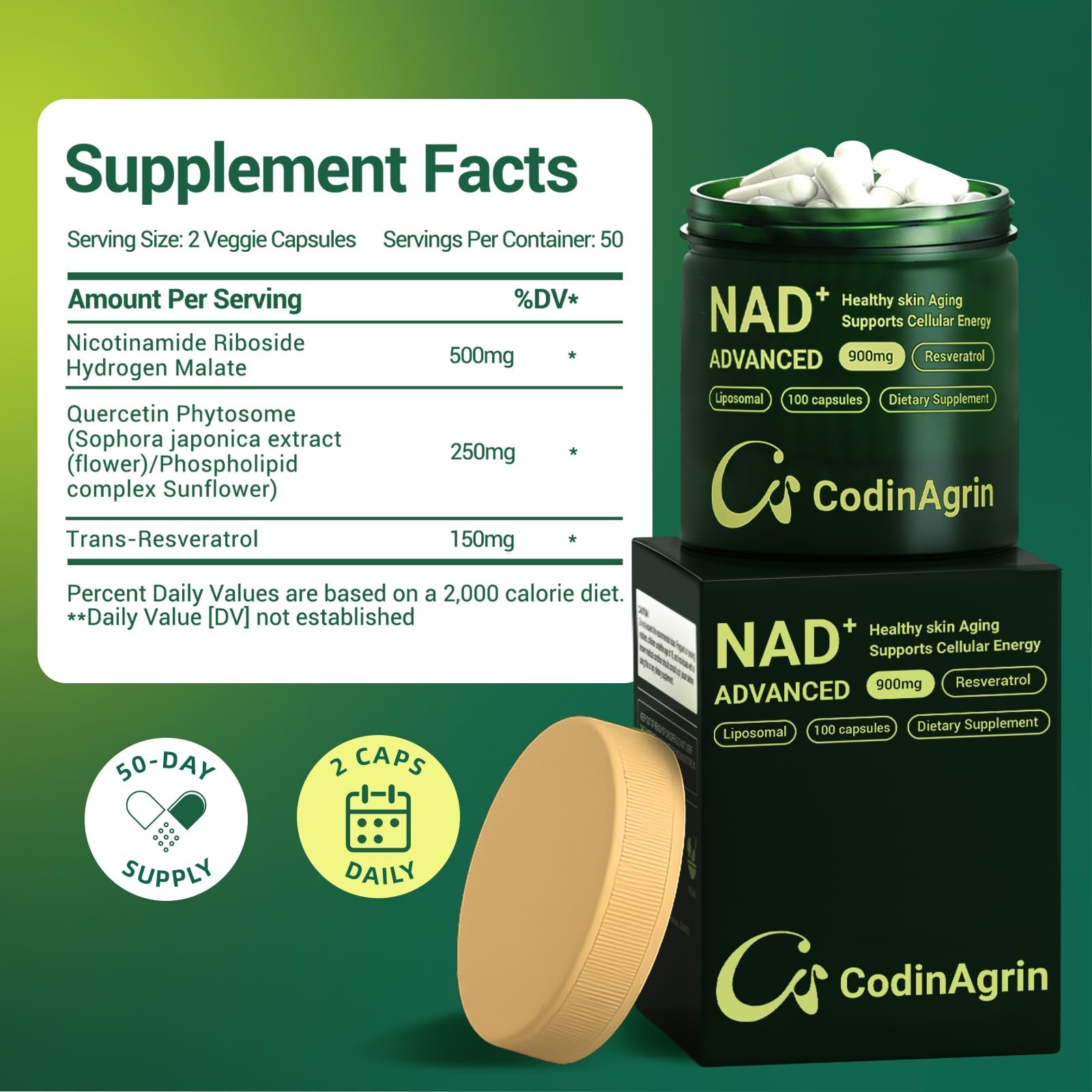 NAD+ Supplement with Resveratrol 900mg 100 Count (Pack of 1)