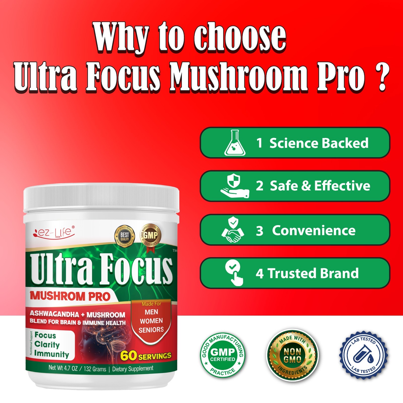 Organic Mushroom Powder For Energy, Focus & Immunity, Drink Mix- 60 Servings