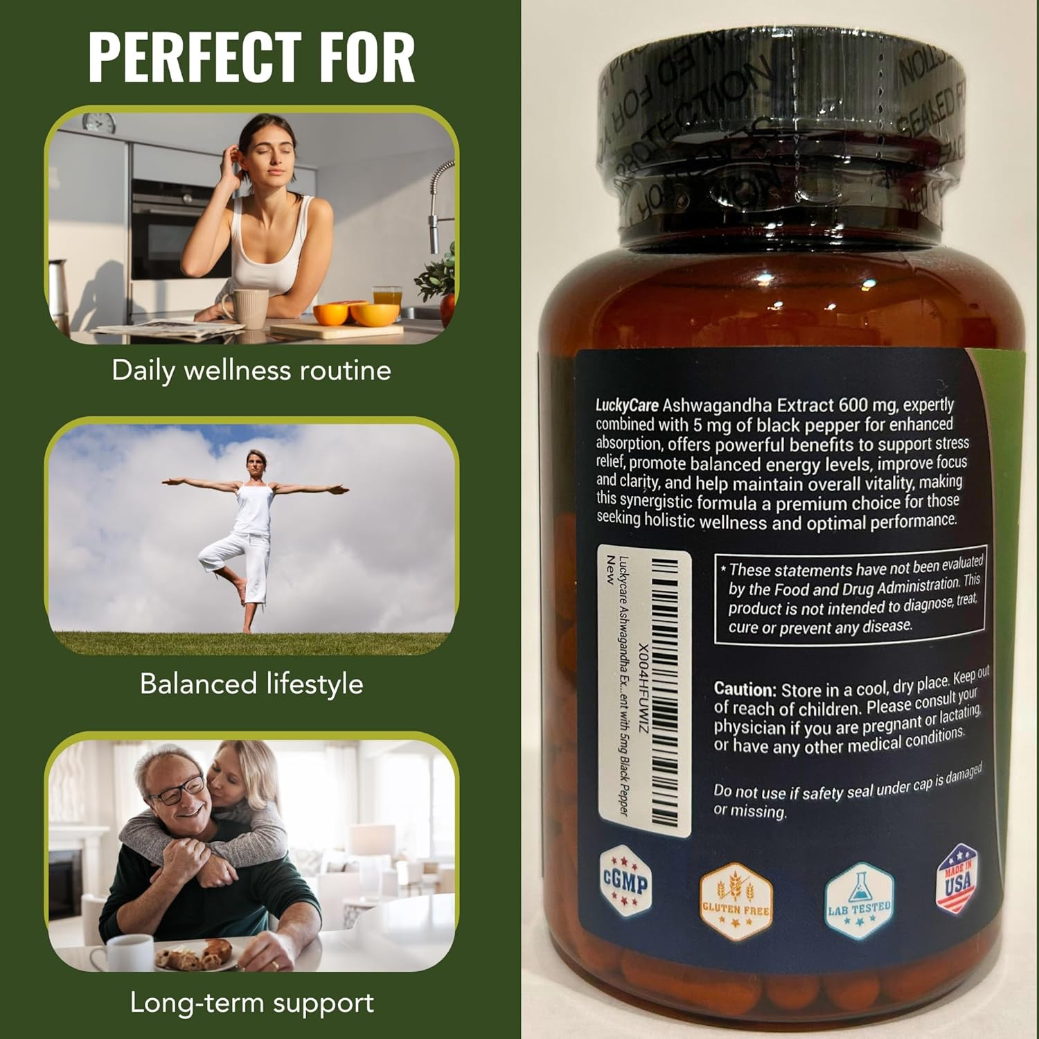 Organic Ashwagandha Capsules 605MG with Black Pepper Root Powder 120 Capsules