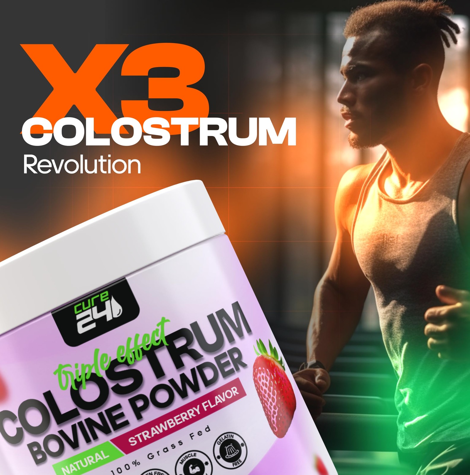 Cure24 Bovine Colostrum X3 Supplement Powder for 3.17 Ounce (Pack of 1)