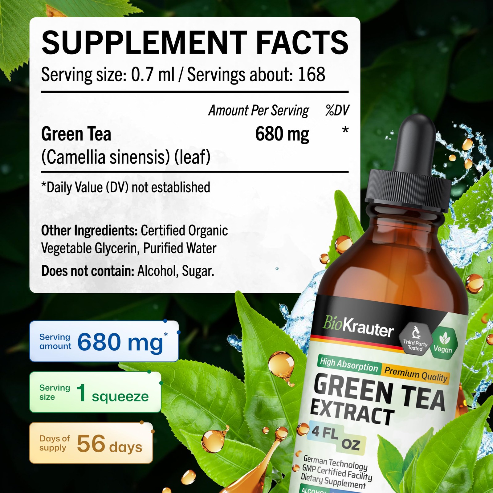 BIO KRAUTER® Green Tea Extract – Liquid Pure Vegan 4 Fl Oz (Pack of 1)