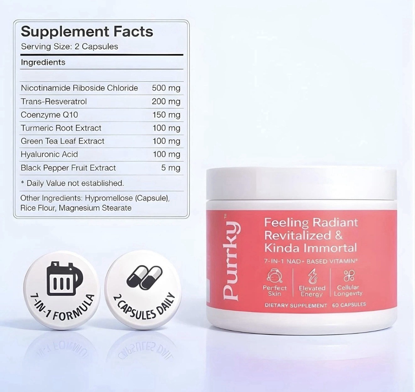 Purrky NAD+ Supplement Women Premium 7-in-1 Formula wit 500mg Nicotinamide Ribos