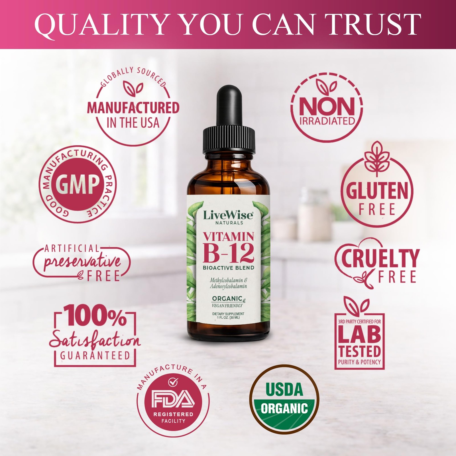 Organic Vitamin B12 1000 mcg Sublingual Liquid Drops For 1 Fl Oz (Pack of 1)